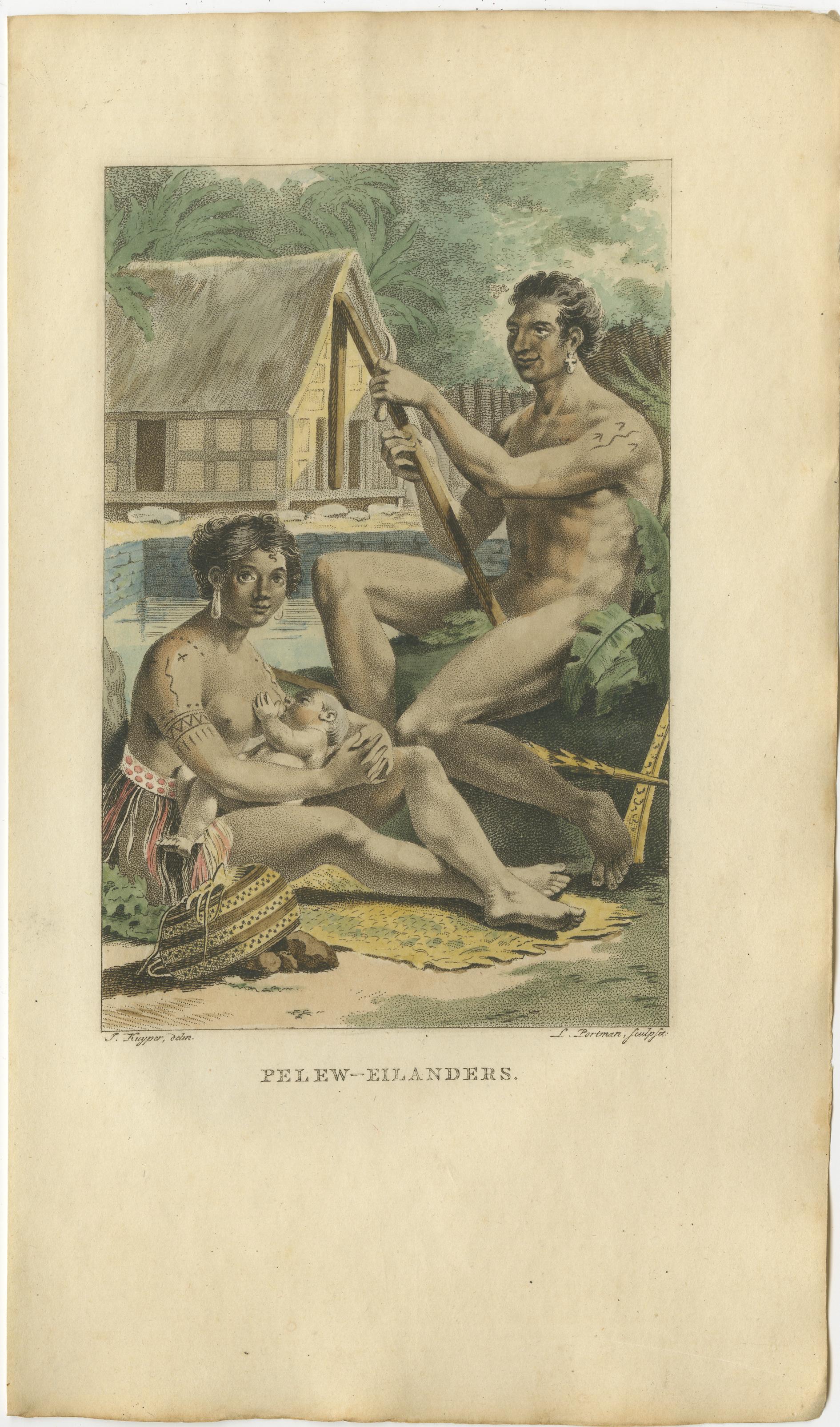 Pelew-Eilanders - Antiker handkolorierter Kupferstich von Palau (um 1800) (19. Jahrhundert) im Angebot
