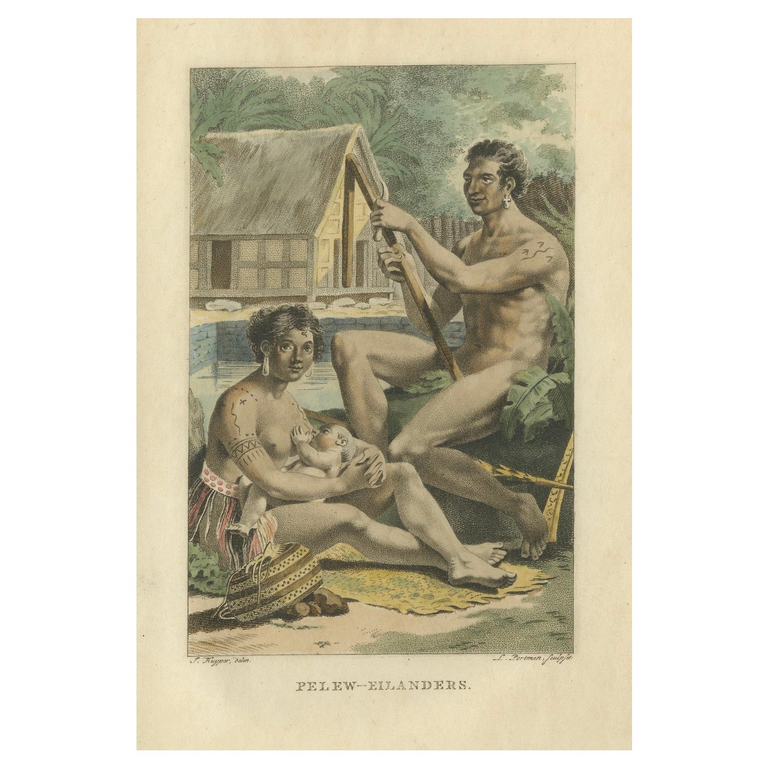 Pelew-Eilanders - Antiker handkolorierter Kupferstich von Palau (um 1800)