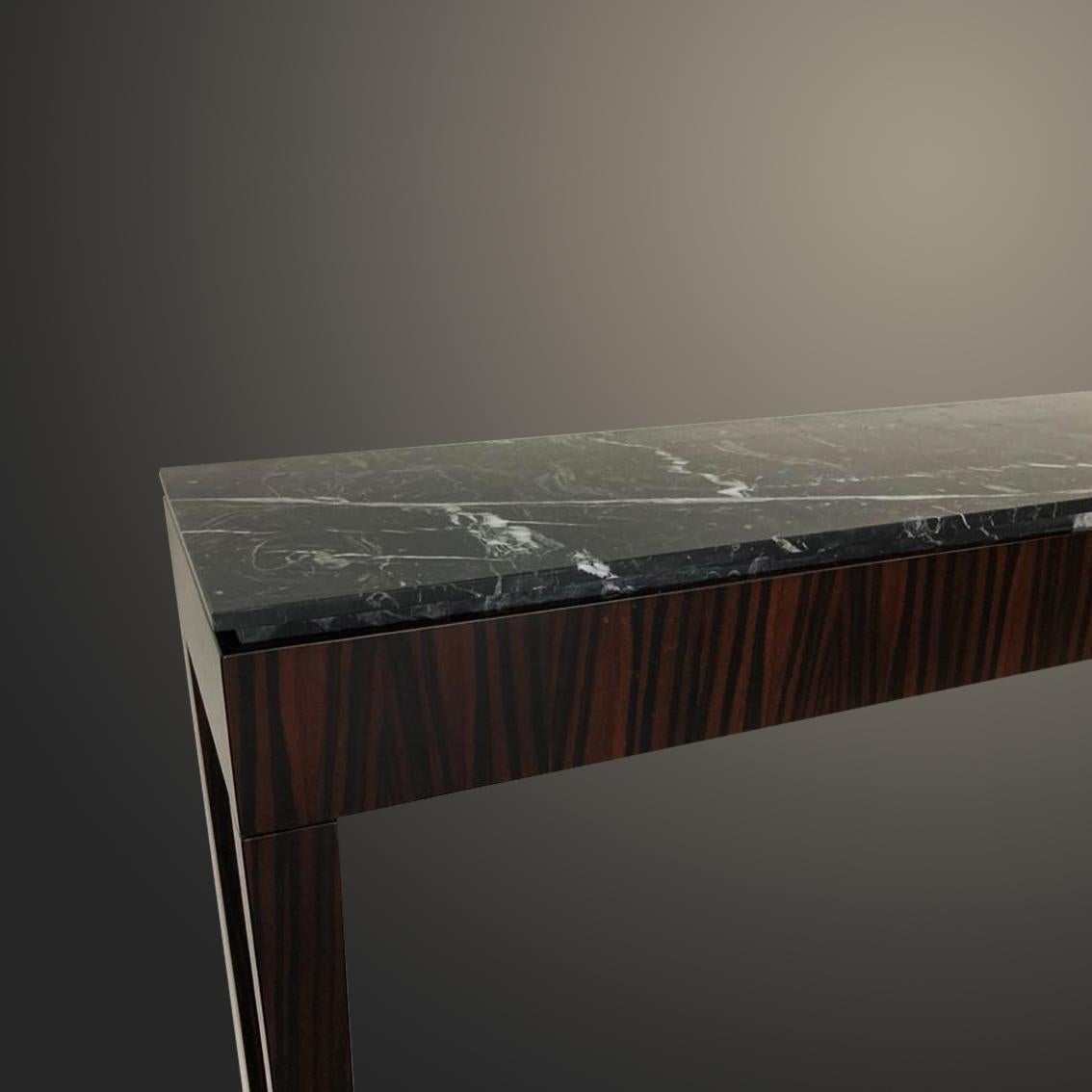 Contemporary Thin Console with Marble top, Burr Walnut Veneer and Solid Walunt Legs For Sale