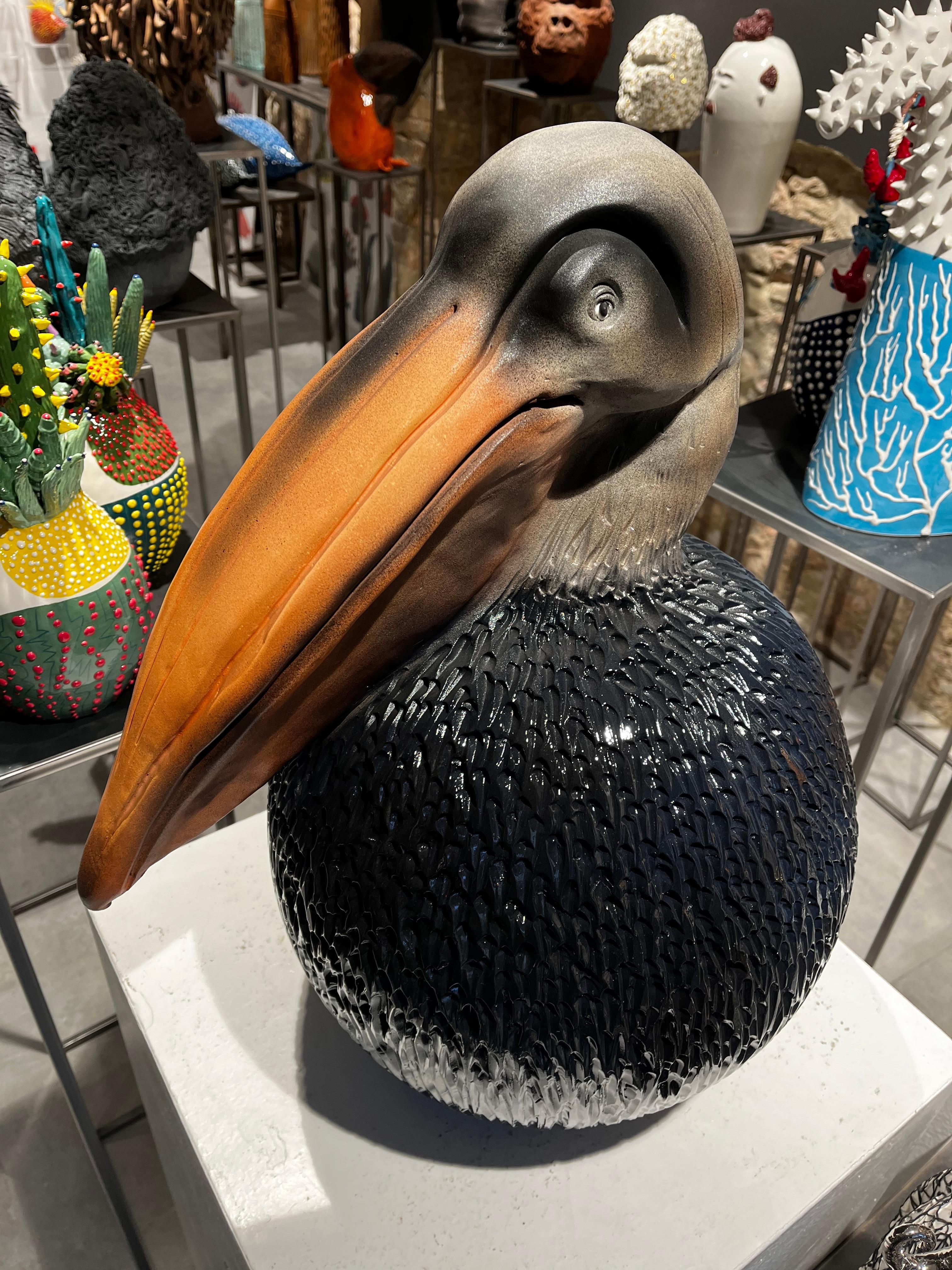 Italian Pelican Ceramic Sculpture Centerpiece, Completely Handmade Without Mold, 2023 For Sale