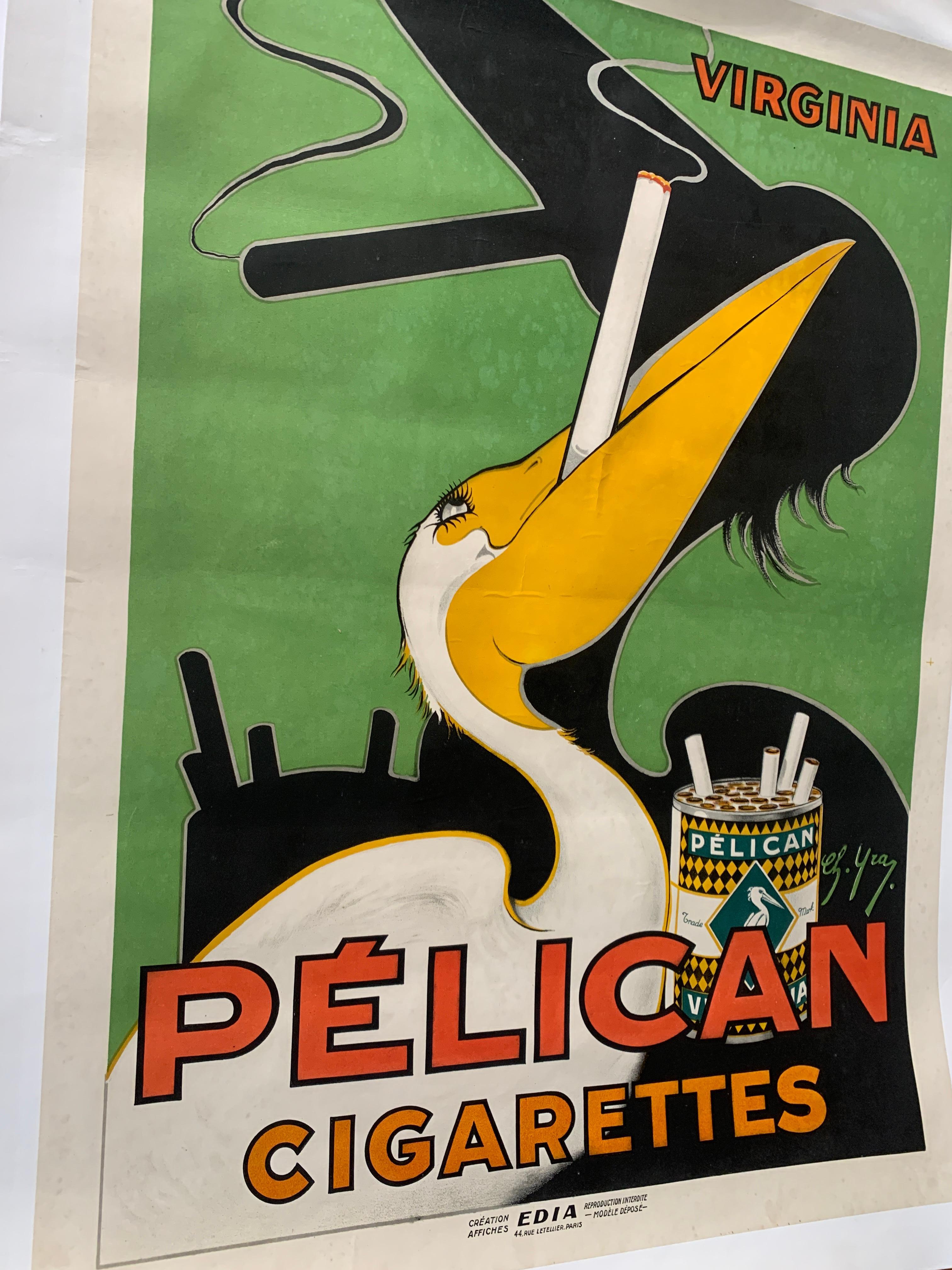 Moderne Pelican Cigarettes Original Advertising Vintage Poster, Circa 1920