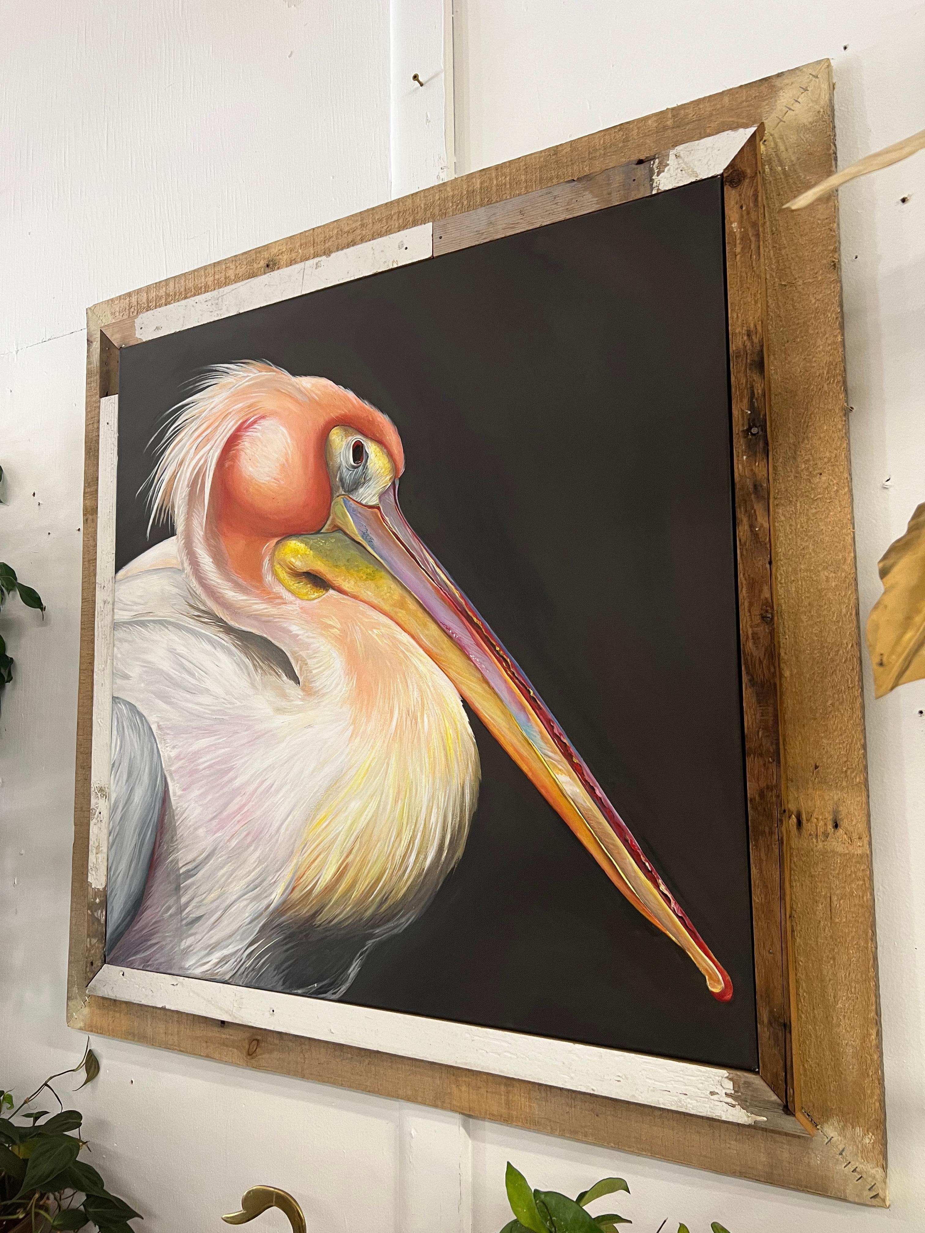 Contemporary Pelican Painting by Krystal Sokolis - Acrylics on Canvas - Reclaimed Wood Frame