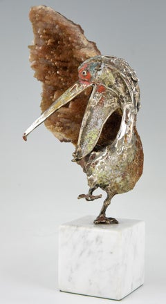 Pelican Sculpture Enamelled Sterling Silver & Mineral Aurelio Teno, Spain, 1960