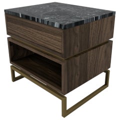 Pelios Bedside Table in Wood Veneer, Marble Surface and Metal Legs