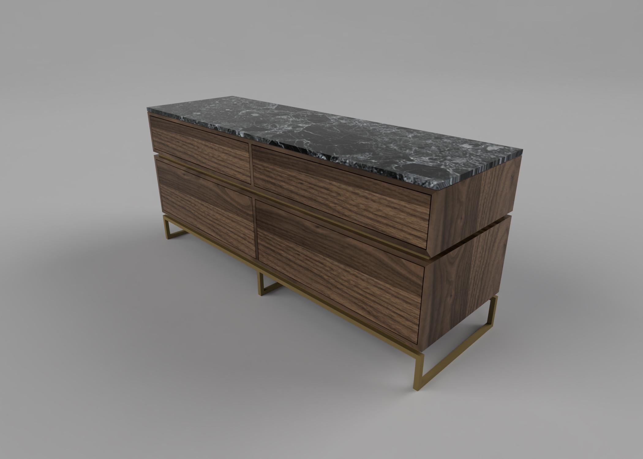 Pelios chest of drawers
A perfect pair to the Pelios bedside table, the pelios chest of drawer exudes the same seductive, glamorous aesthetic. Designed with sleekly-architectural lines, brass trimming detailing, luxe surfaces and multiple storage