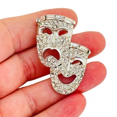 PELL signed vintage silver tone crystals theater mask designer brooch
