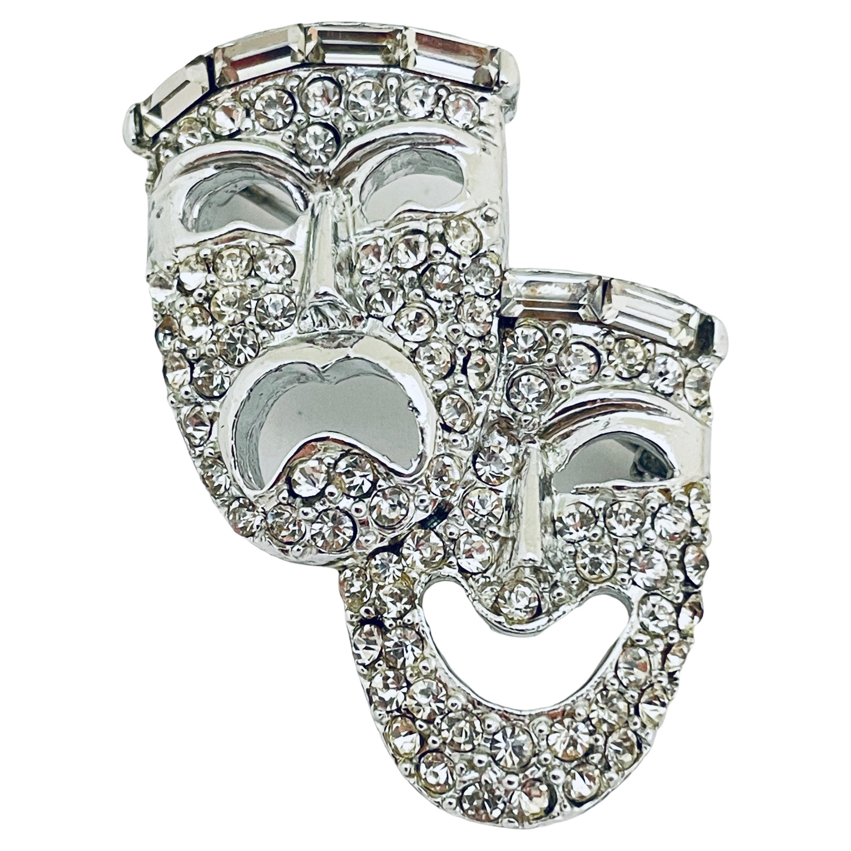 PELLE signé vintage silver tone crystals theater mask designer brooch
