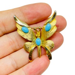PELL vintage signed gold tone faux turquoise butterfly designer brooch