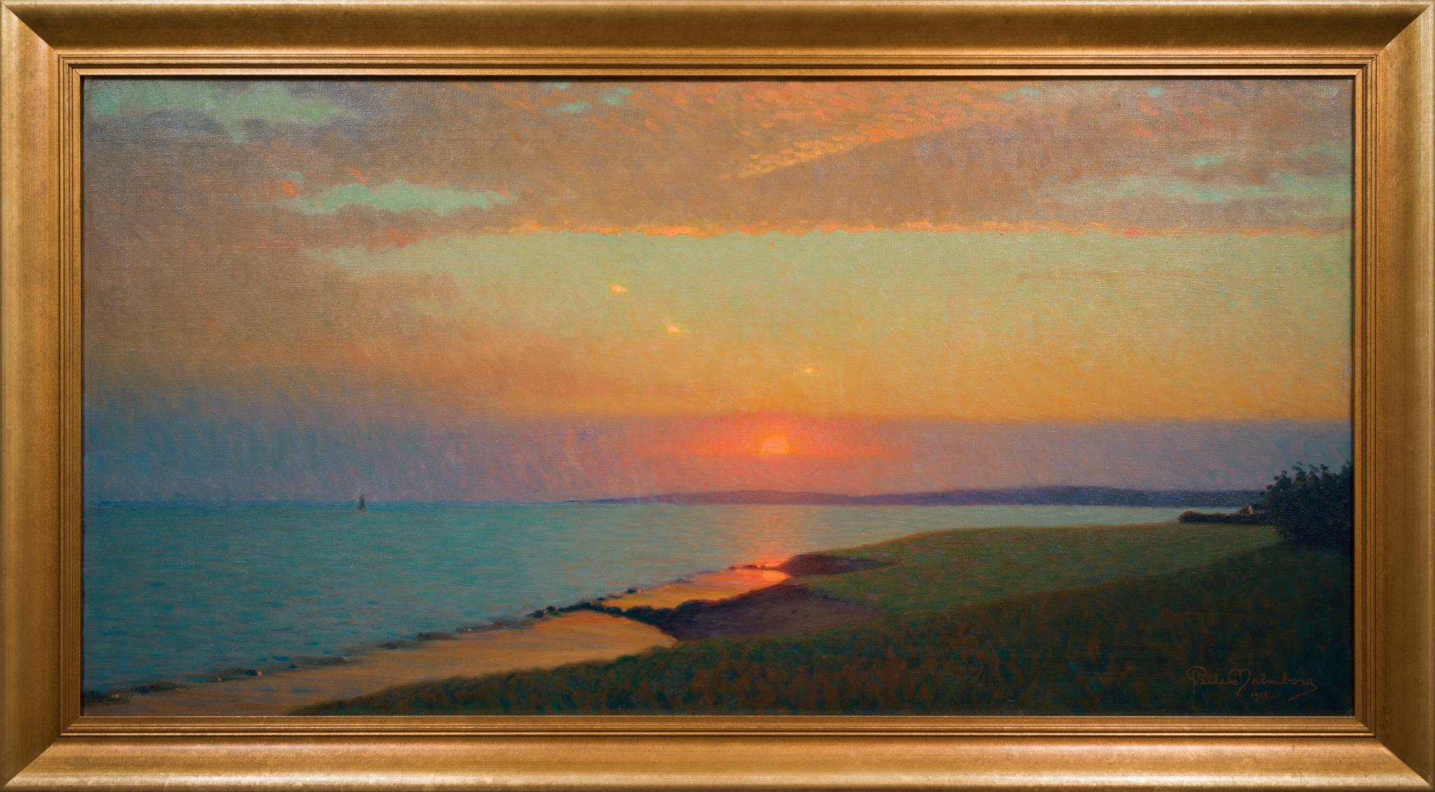 The painting "Skälderviken at Sunset" by Pelle Malmborg, a renowned Swedish painter and graphic artist, is an exquisite depiction of serenity and natural splendour. He studied at the Technical School in Stockholm and later at the Royal Swedish