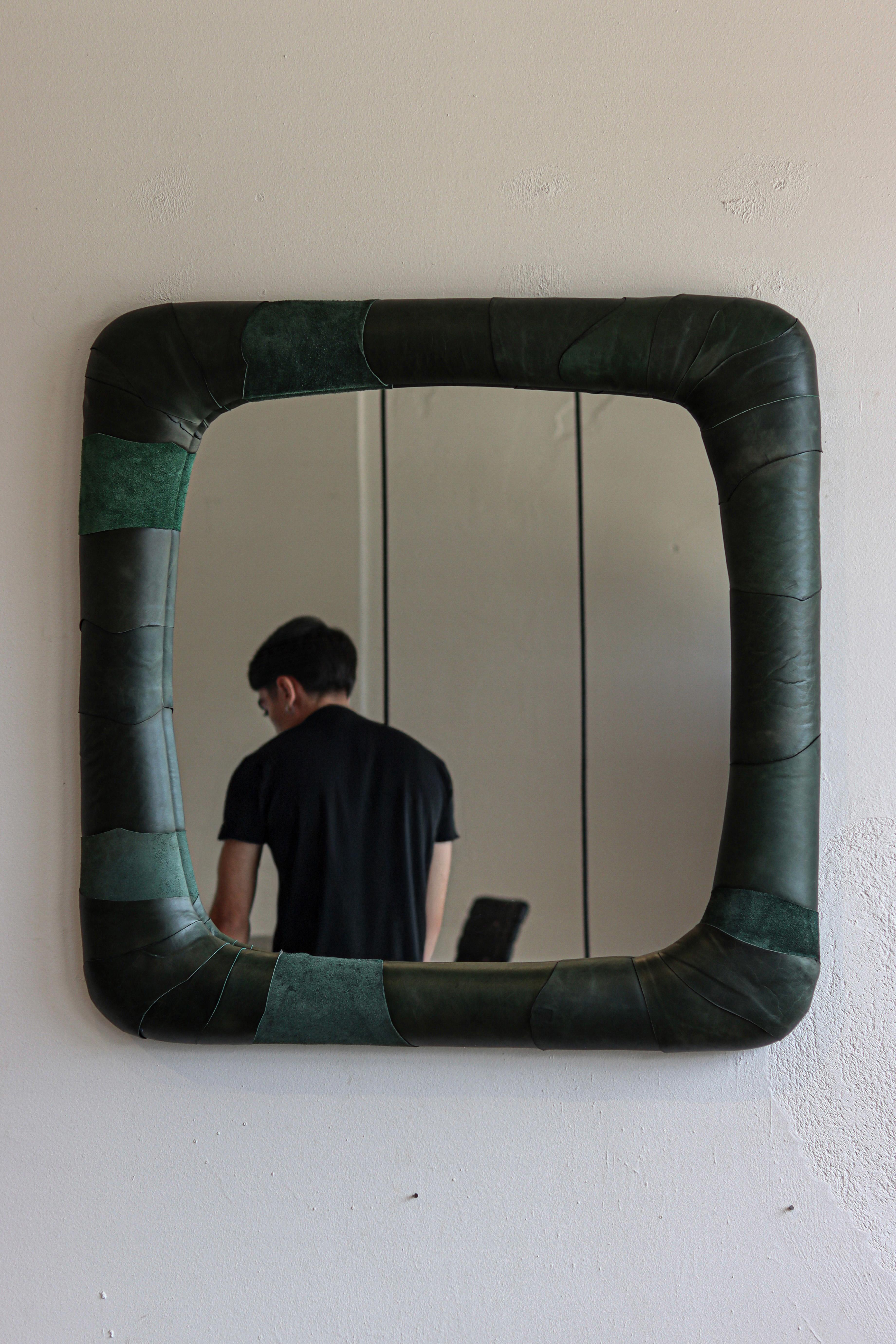 Brazilian Pelle mirror by Danilo Vale – size M – with a leather upholstered frame For Sale