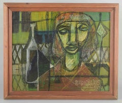 PELLE Montelius. Olio su tela. Composizione moderna con figura e bottiglia.