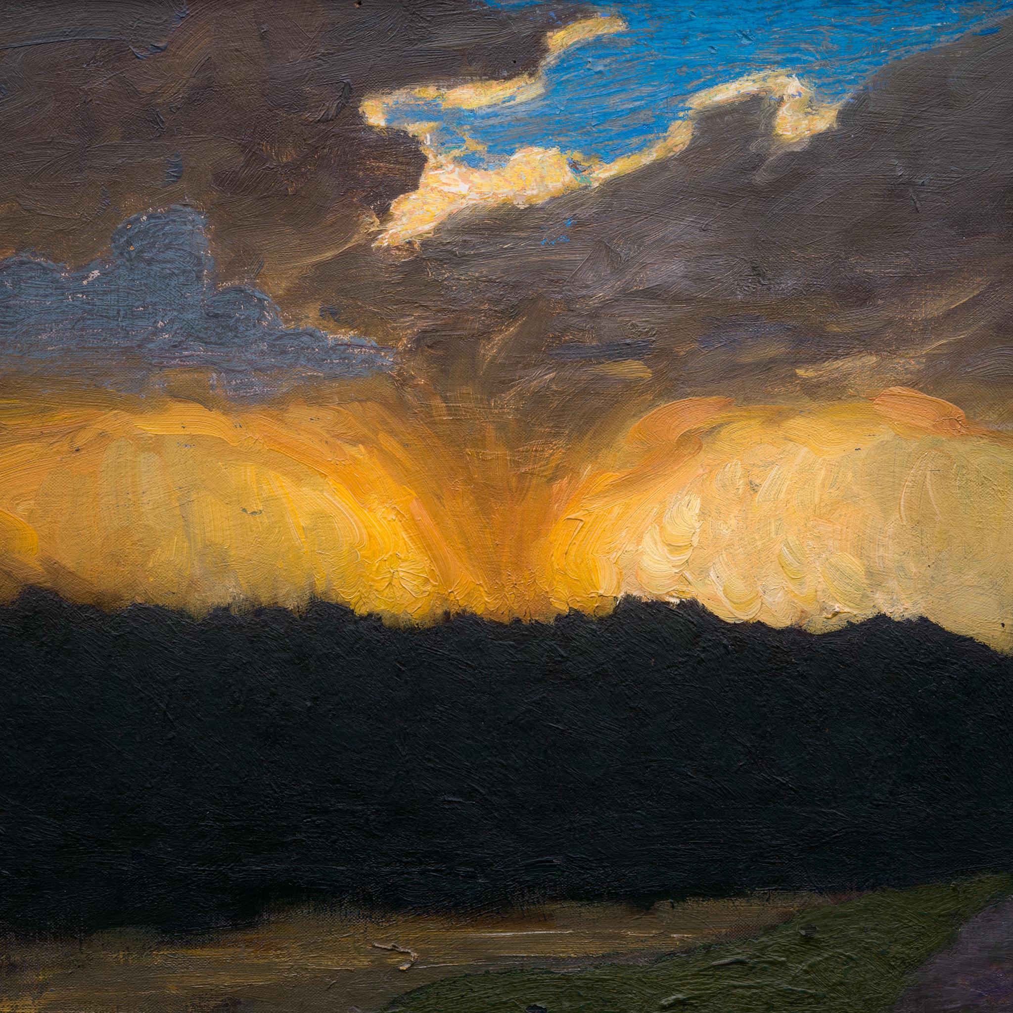 We have a stunning painting by the Swedish artist Pelle Swedlund (1865-1947) that is available for sale. The painting depicts a dramatic scene with a tornado at the center, surrounded by rain-filled clouds. The sky is glowing in shades of yellow,
