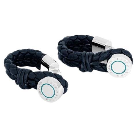 Pelle Wrap Around Cufflinks in Navy Leather with Rhodium Finish For Sale