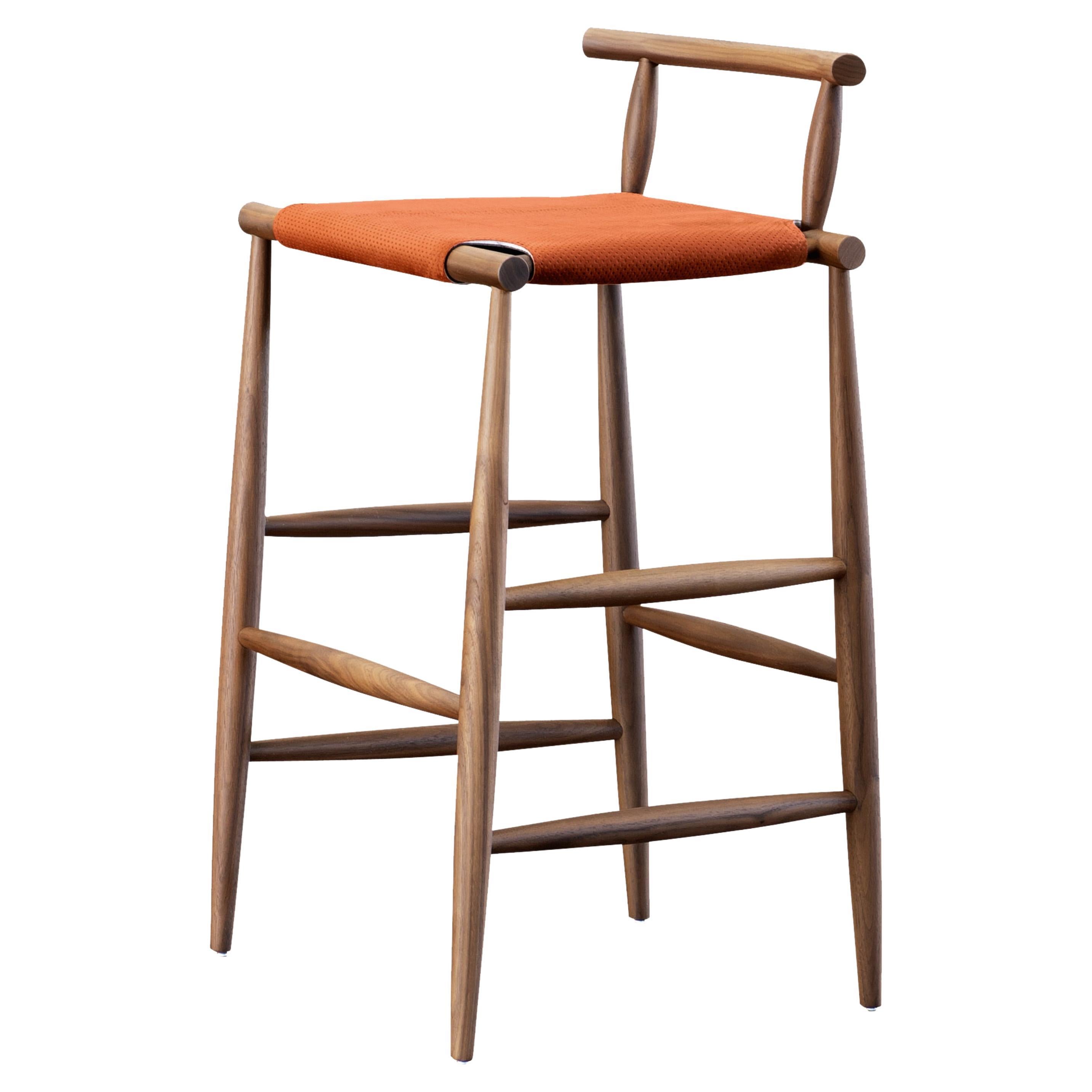 Pelleossa Stool in Orange Fabric with Canaletto Walnut Legs by Francesco Faccin