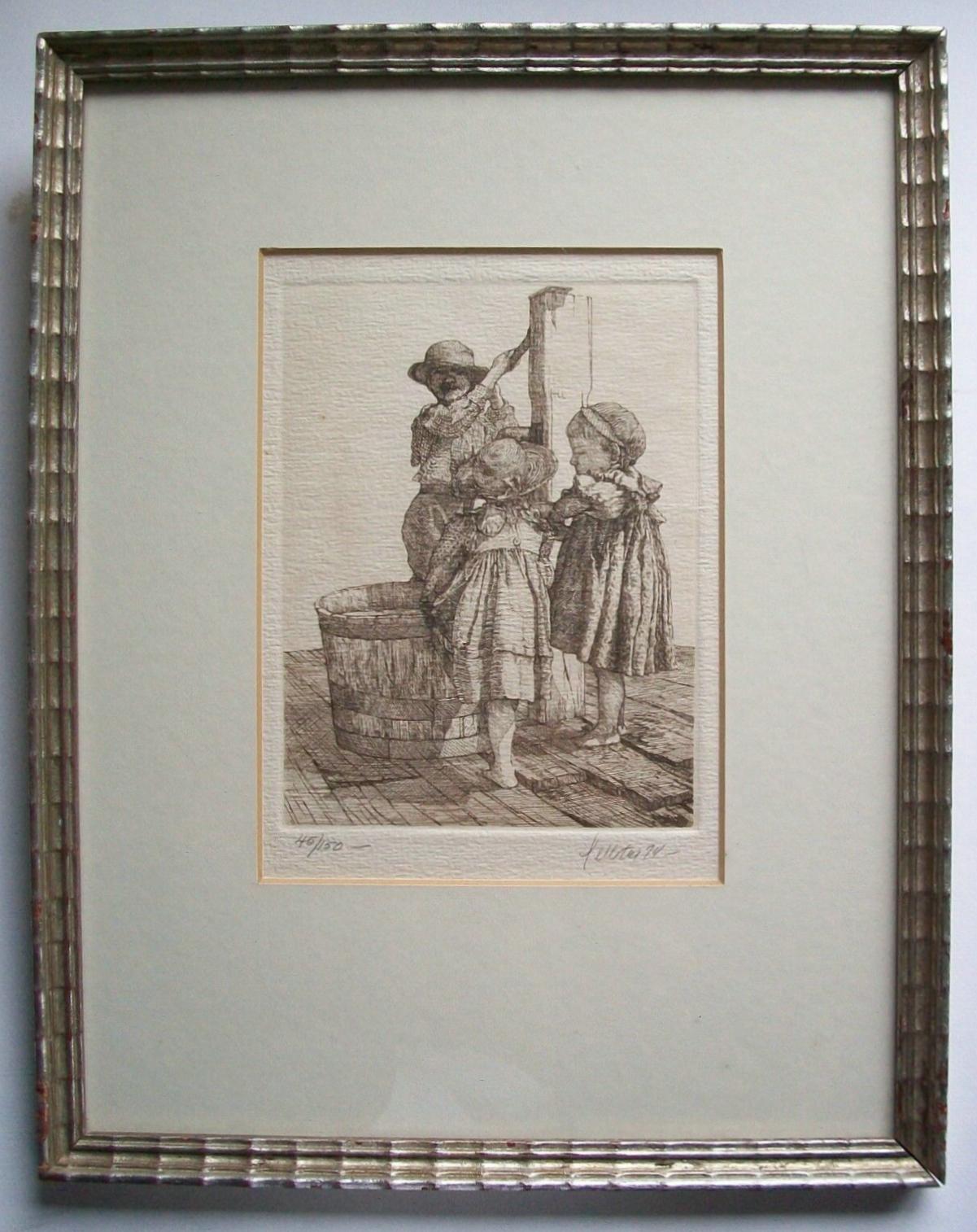 PELLETIER - 45/150 - Antique sepia engraving on paper featuring children at a water well - numbered in pencil lower left - signed and dated in pencil lower right - contained in a vintage silver gilt frame and matte - Antiquarian print gallery/framer