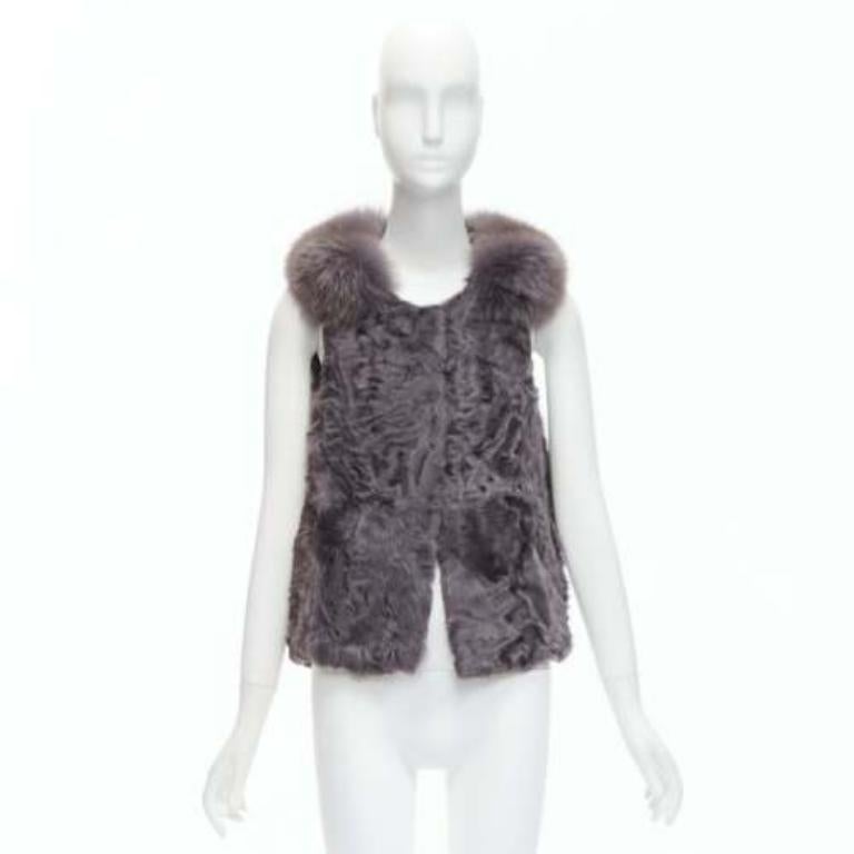 PELLICCISSIMA grey Astrakhan fur collar sleeveless winter vest jacket S For Sale 5