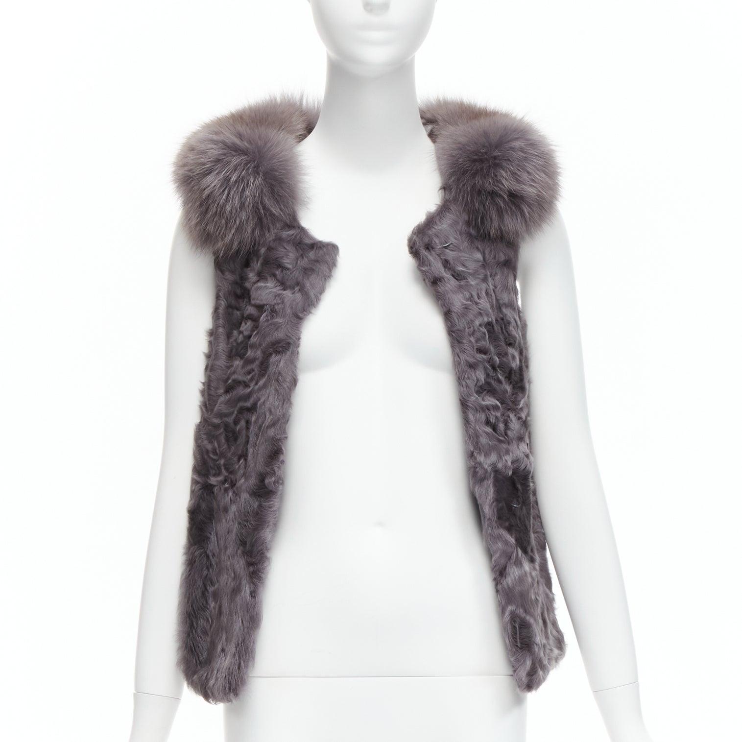 Gray PELLICCISSIMA grey Astrakhan fur collar sleeveless winter vest jacket S For Sale