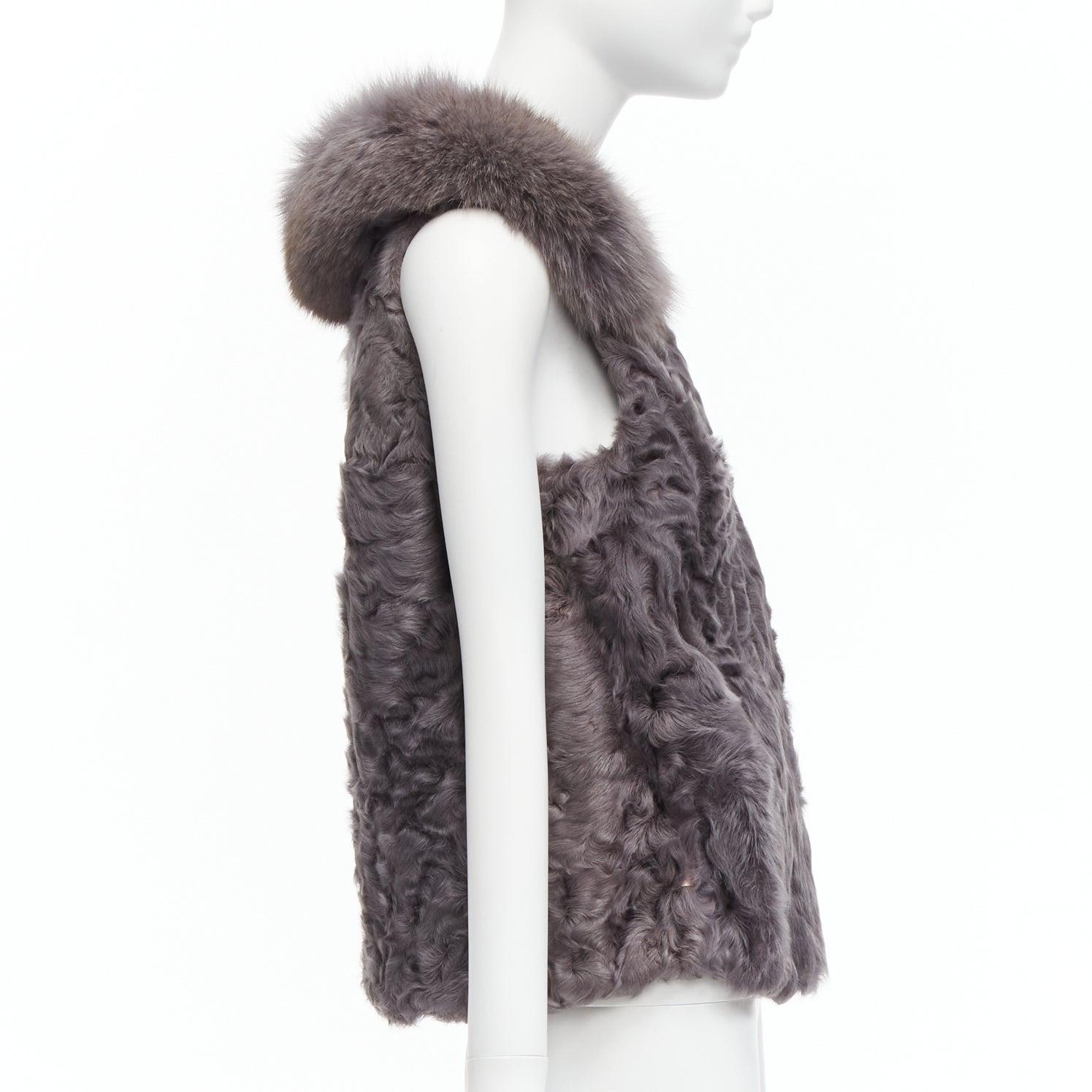 Women's PELLICCISSIMA grey Astrakhan fur collar sleeveless winter vest jacket S For Sale