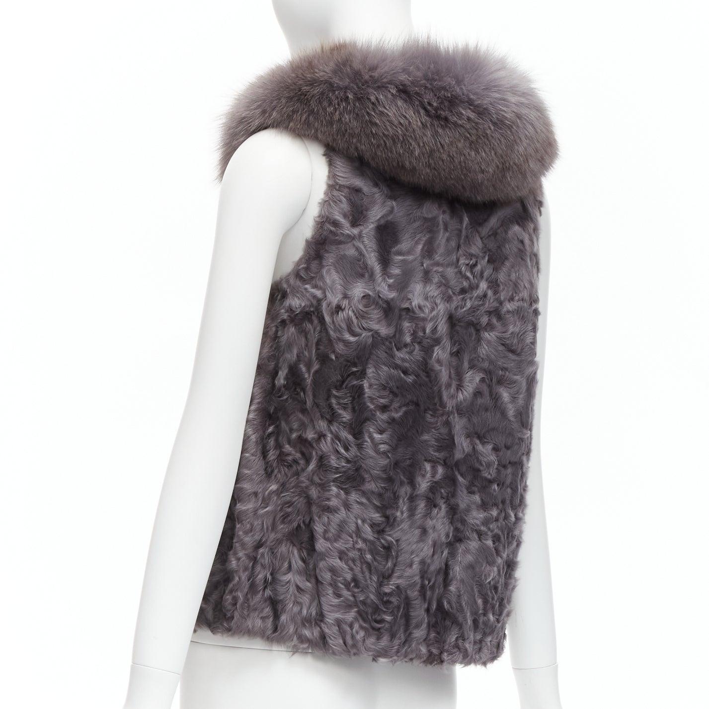 PELLICCISSIMA grey Astrakhan fur collar sleeveless winter vest jacket S For Sale 2