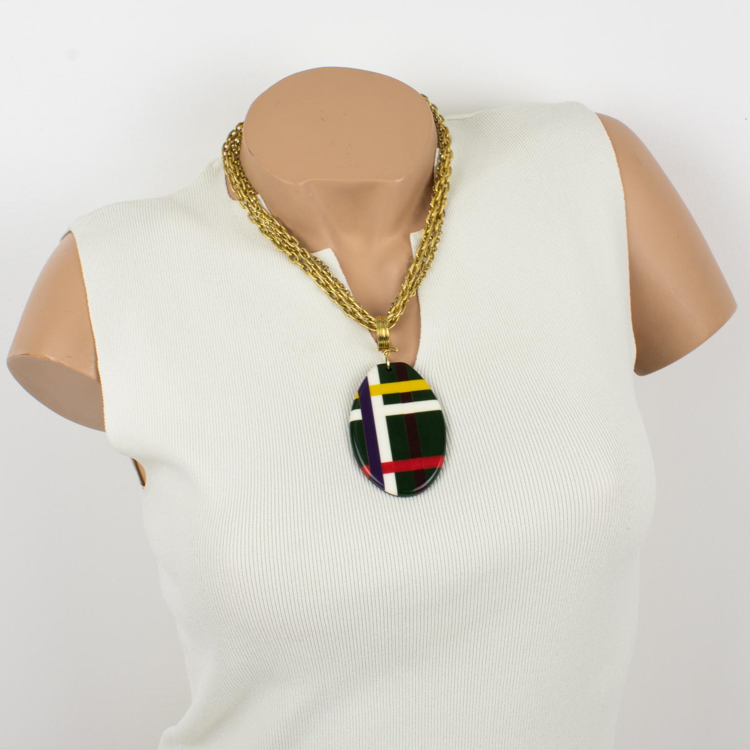 This gorgeous Donatella Pellini Italy choker necklace features a modernist design. The gilded metal multi-chain choker shape is ornate with a massive oval pendant with Memphis style flair and has a lobster closing clasp with a small chain for length