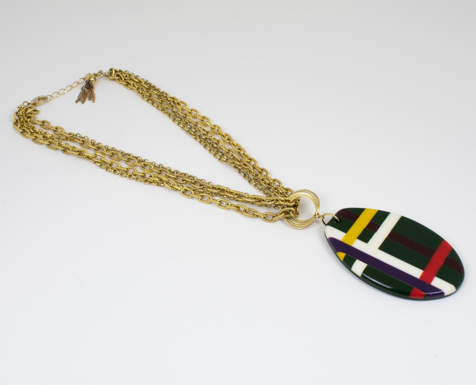 Modernist Pellini Italy Gilt Metal Necklace with Memphis Multicolor Lucite Pendant For Sale