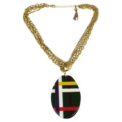 Retro Pellini Italy Gilt Metal Necklace with Memphis Multicolor Lucite Pendant