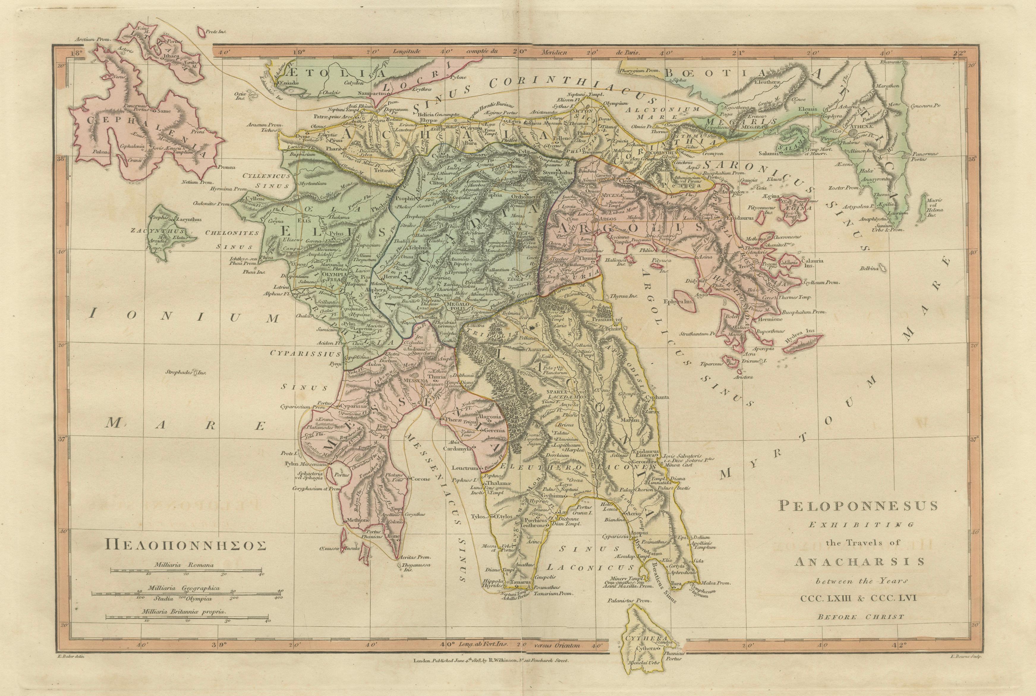 Peloponnesus Classical Map — Travels of Anacharsis Greece, Wilkinson c1818