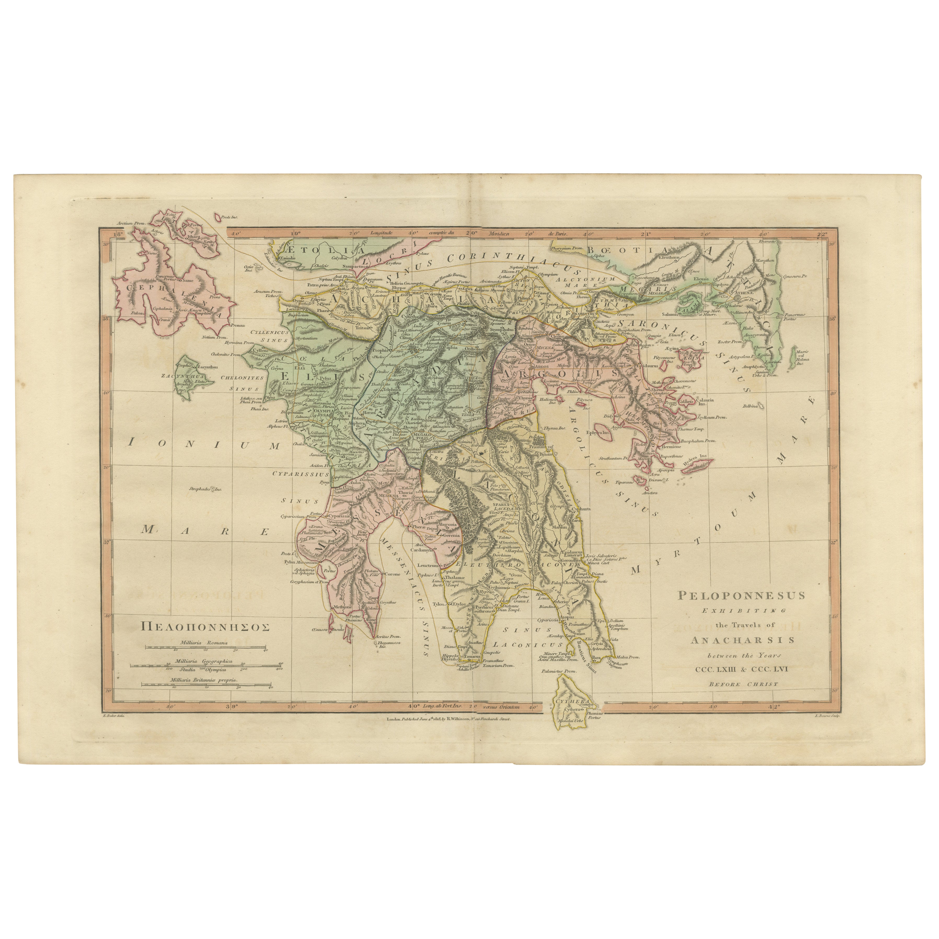 Peloponnesus Classical Map — Travels of Anacharsis Greece, Wilkinson c1818