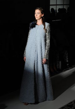 Pelush Baby Blue Faux Fur Caftan Coat with Tweed Sequins Sleeves - Small