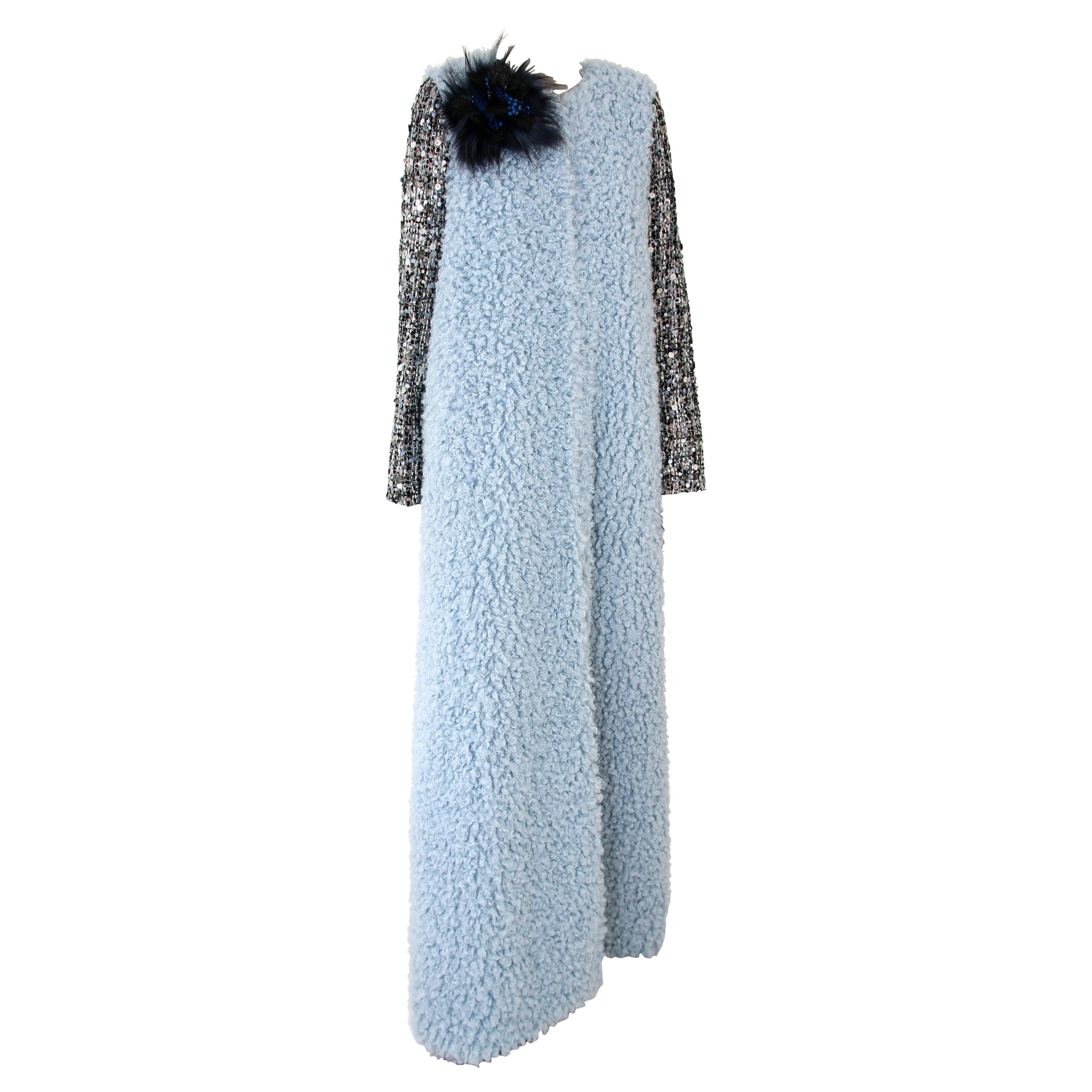 Pelush Baby Blue Faux Fur Caftan Coat with Tweed Sequins Sleeves - Small