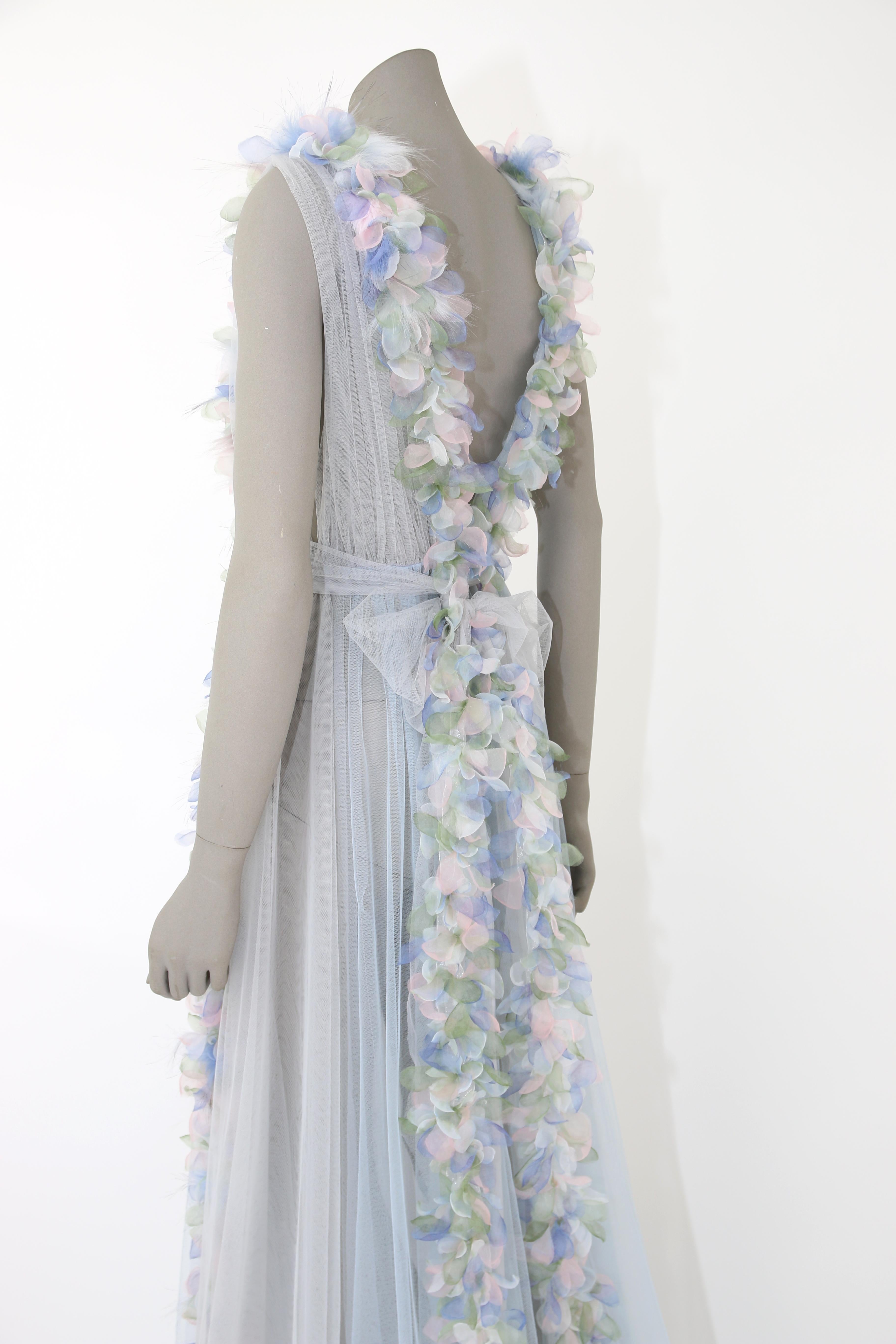 Pelush Baby Blue Tulle Dress Gown With Tridimensional Flowers And Faux Feathers  2