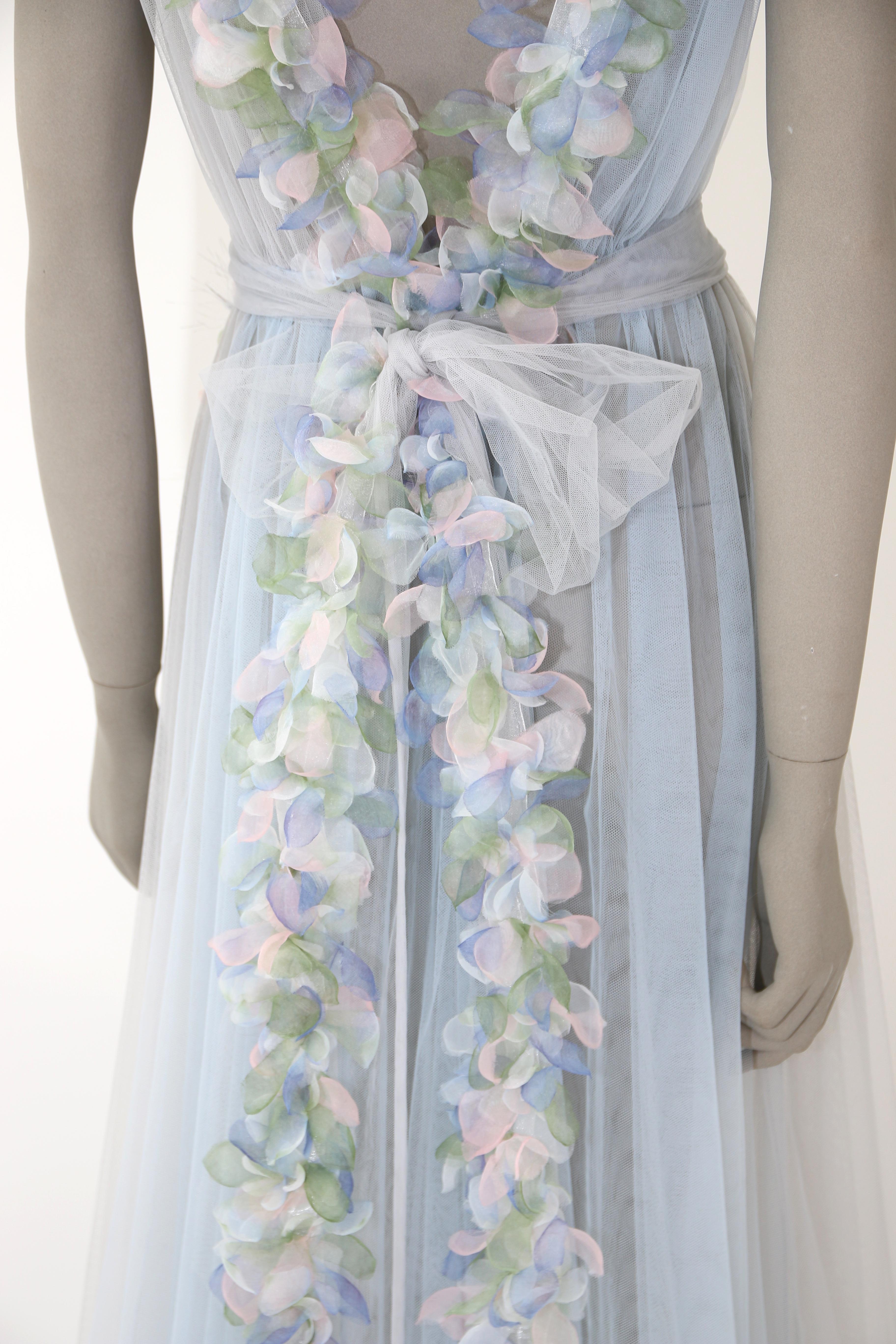 Pelush Baby Blue Tulle Dress Gown With Tridimensional Flowers And Faux Feathers  4