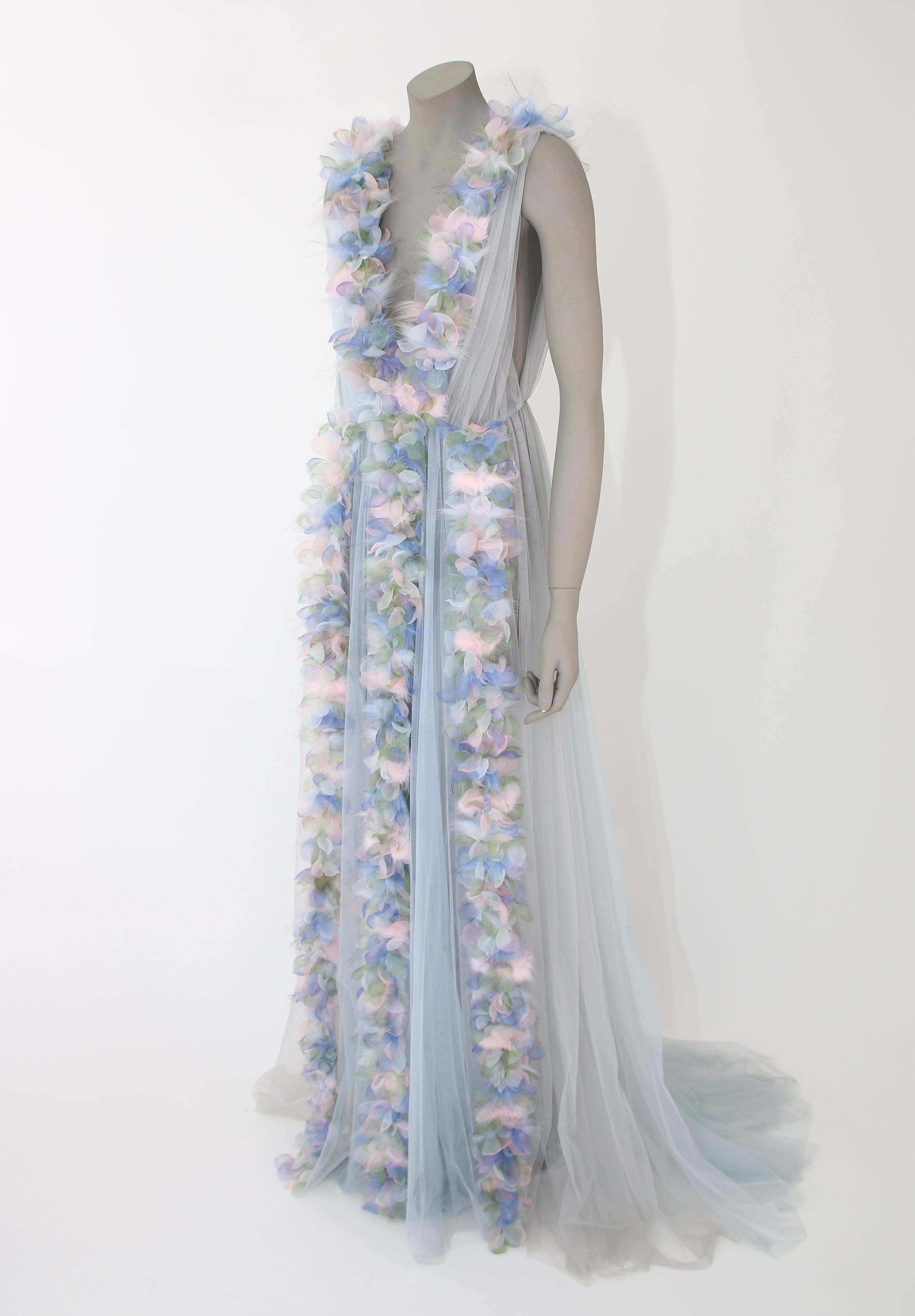Pelush Baby Blue Tulle Dress Gown With Tridimensional Flowers And Faux Feathers  5