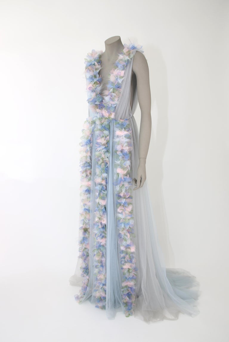 Gray Pelush Baby Blue Tulle Dress Gown With Tridimensional Flowers And Faux Feathers  For Sale