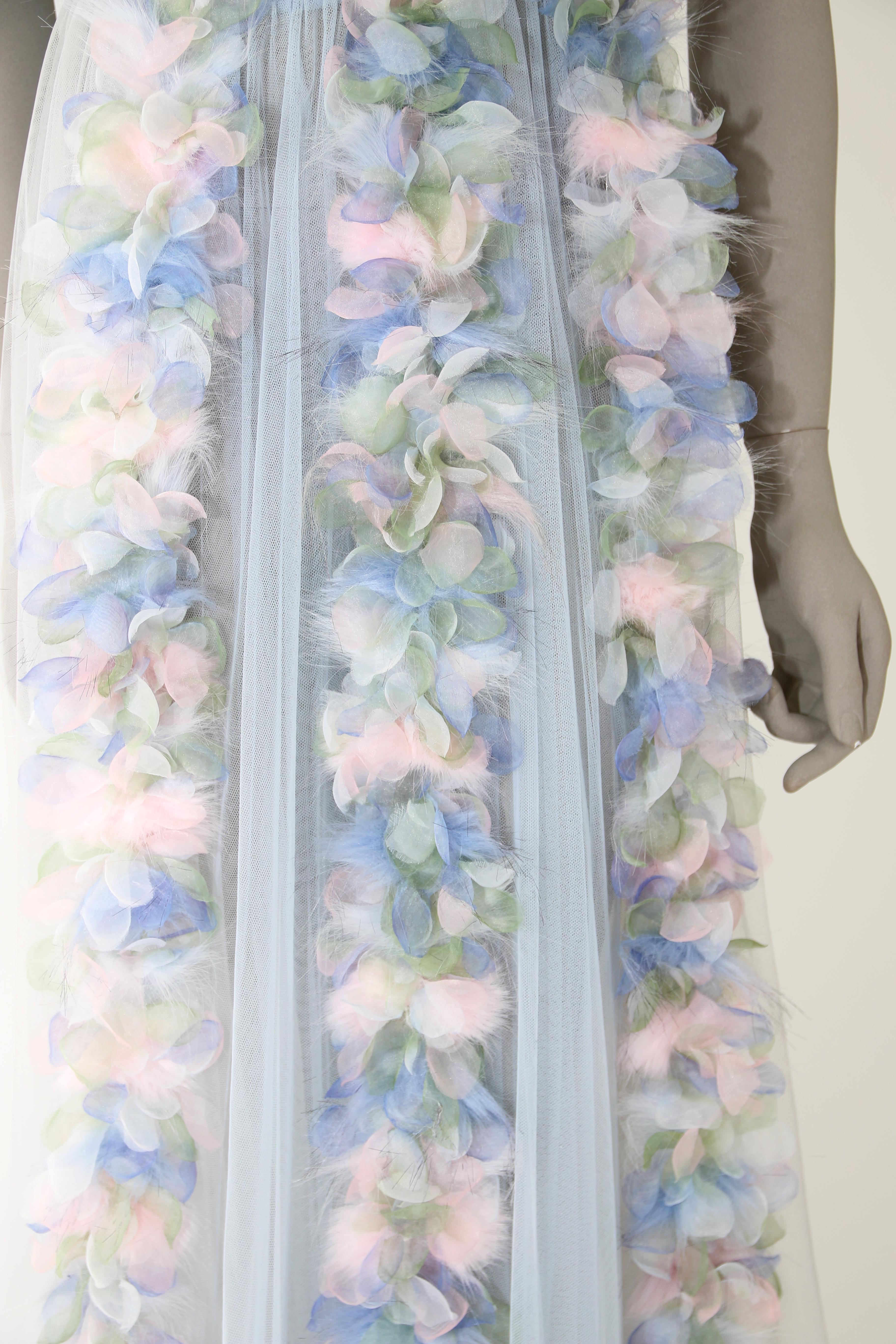 Pelush Baby Blue Tulle Dress Gown With Tridimensional Flowers And Faux Feathers  In New Condition In Greenwich, CT