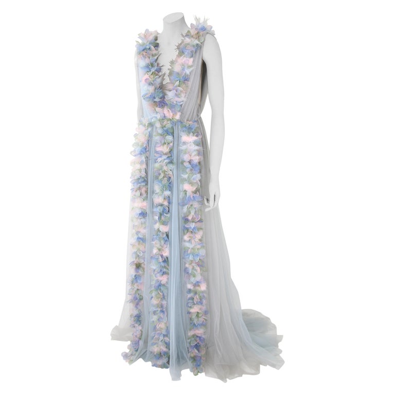 Pelush Baby Blue Tulle Dress Gown With Tridimensional Flowers And Faux Feathers  For Sale