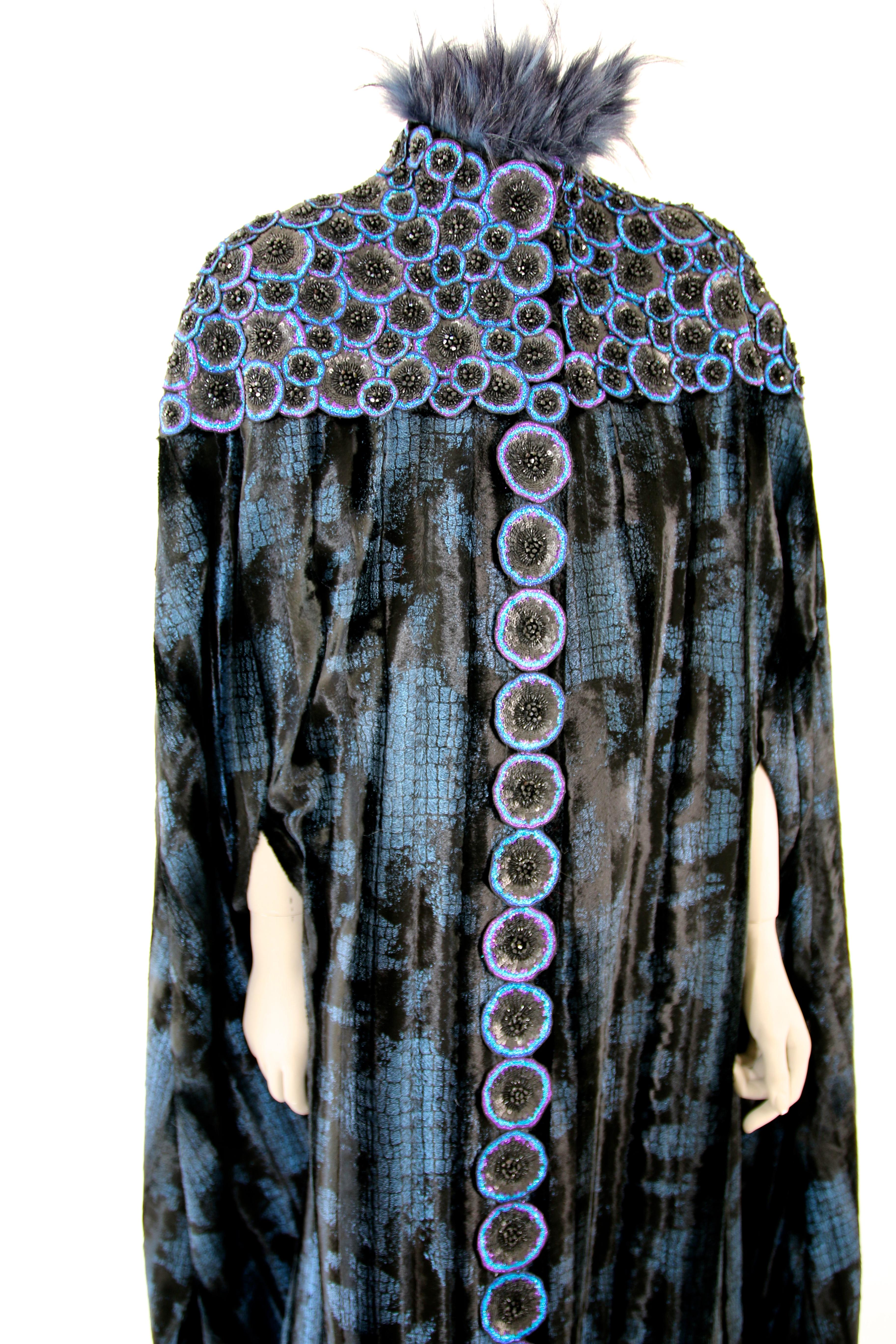 Pelush Black and Blue Faux Fur Couture Opera Coat Cape with Embroidery - Small For Sale 7