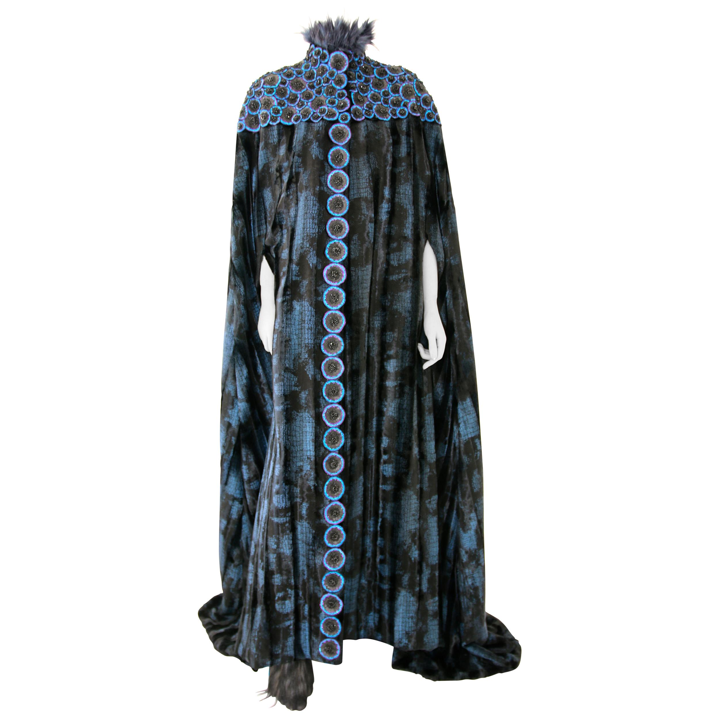 Pelush Black and Blue Faux Fur Couture Opera Coat Cape with Embroidery - Small