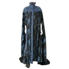 Used Pelush Black and Blue Faux Fur Couture Opera Coat Cape with Embroidery - Small