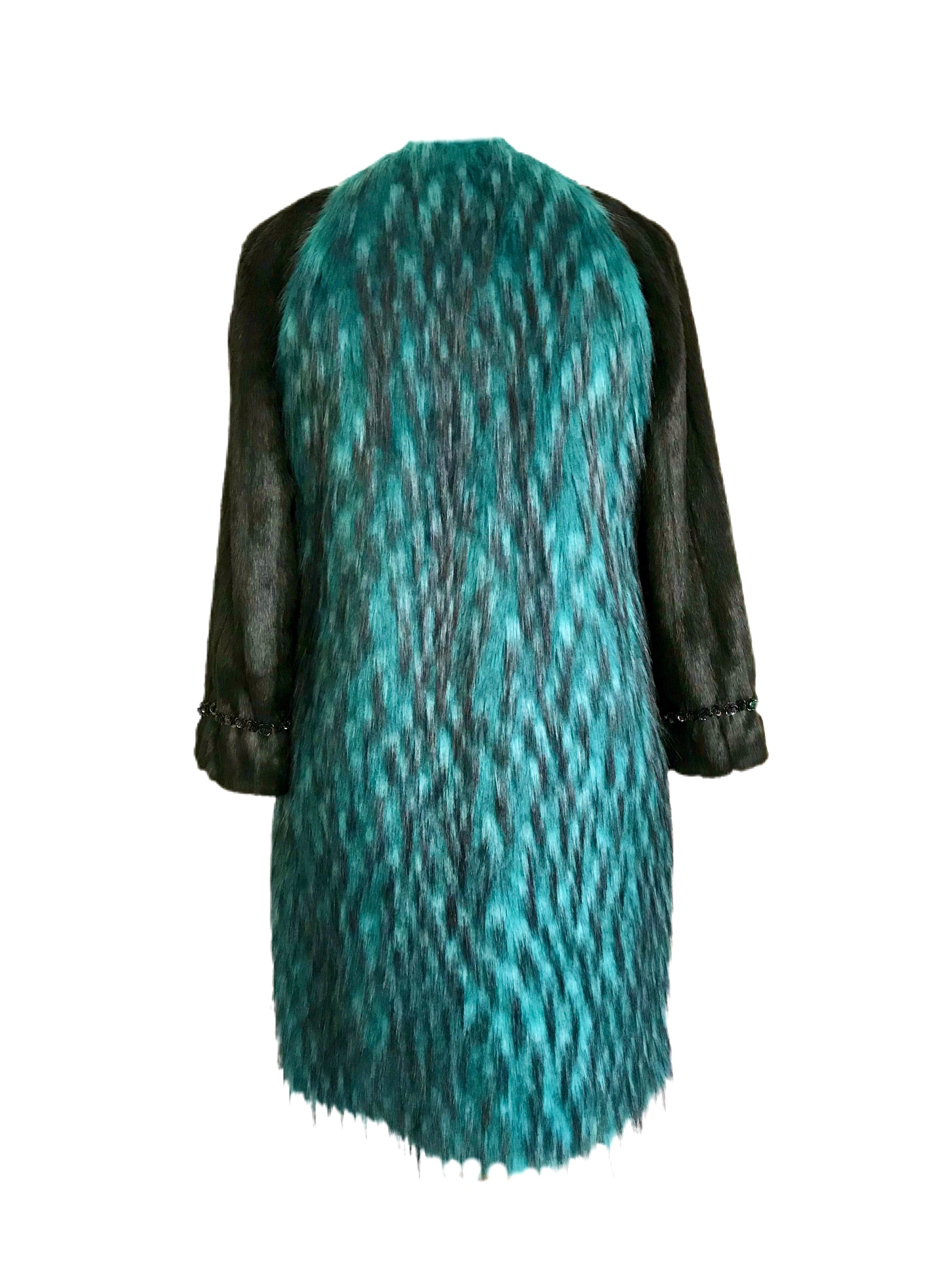 Pelush Black And Emerald Green Faux Fur Coat - XS For Sale 7