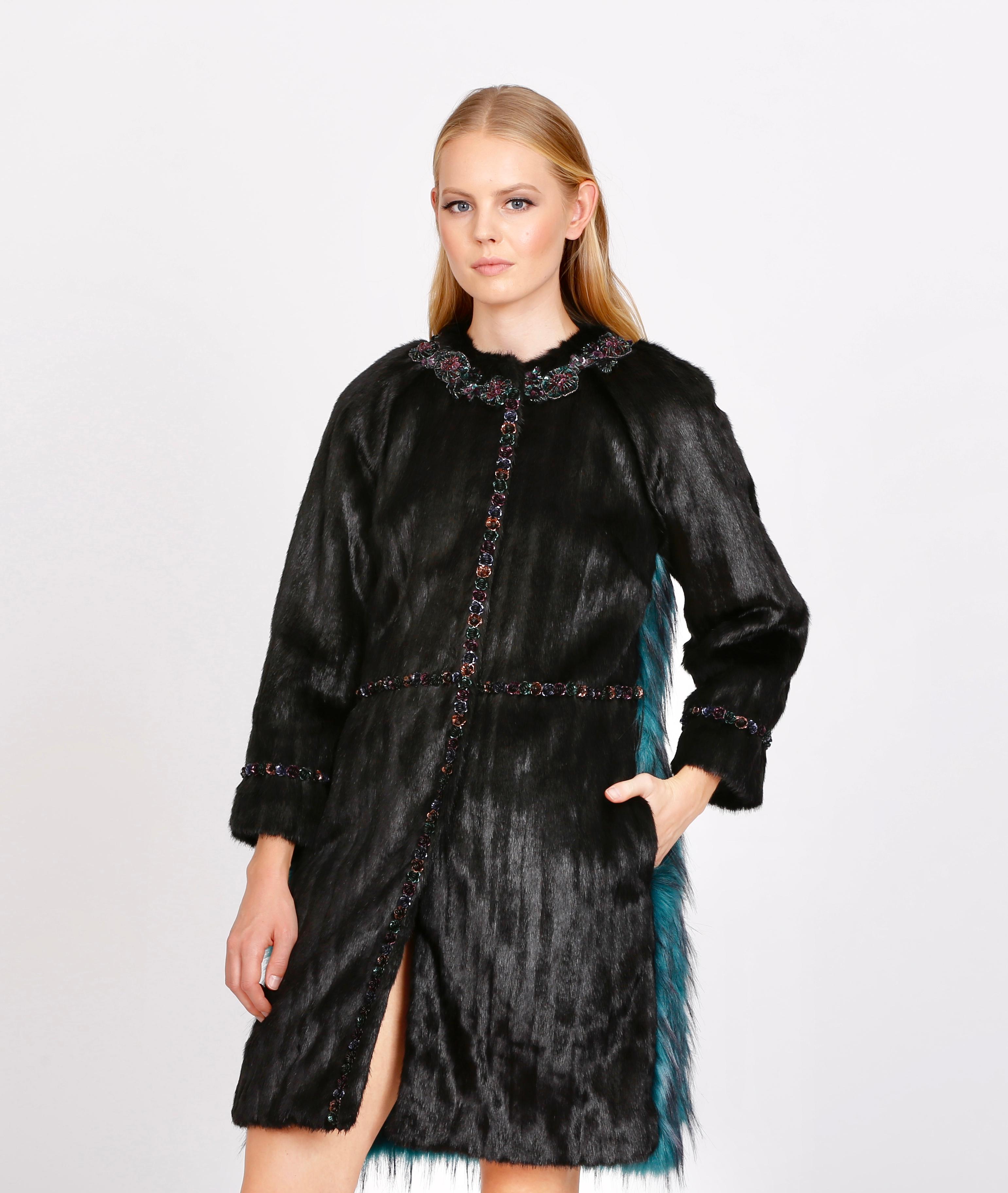 Pelush Black And Emerald Green Faux Fur Coat - XS In New Condition For Sale In Greenwich, CT