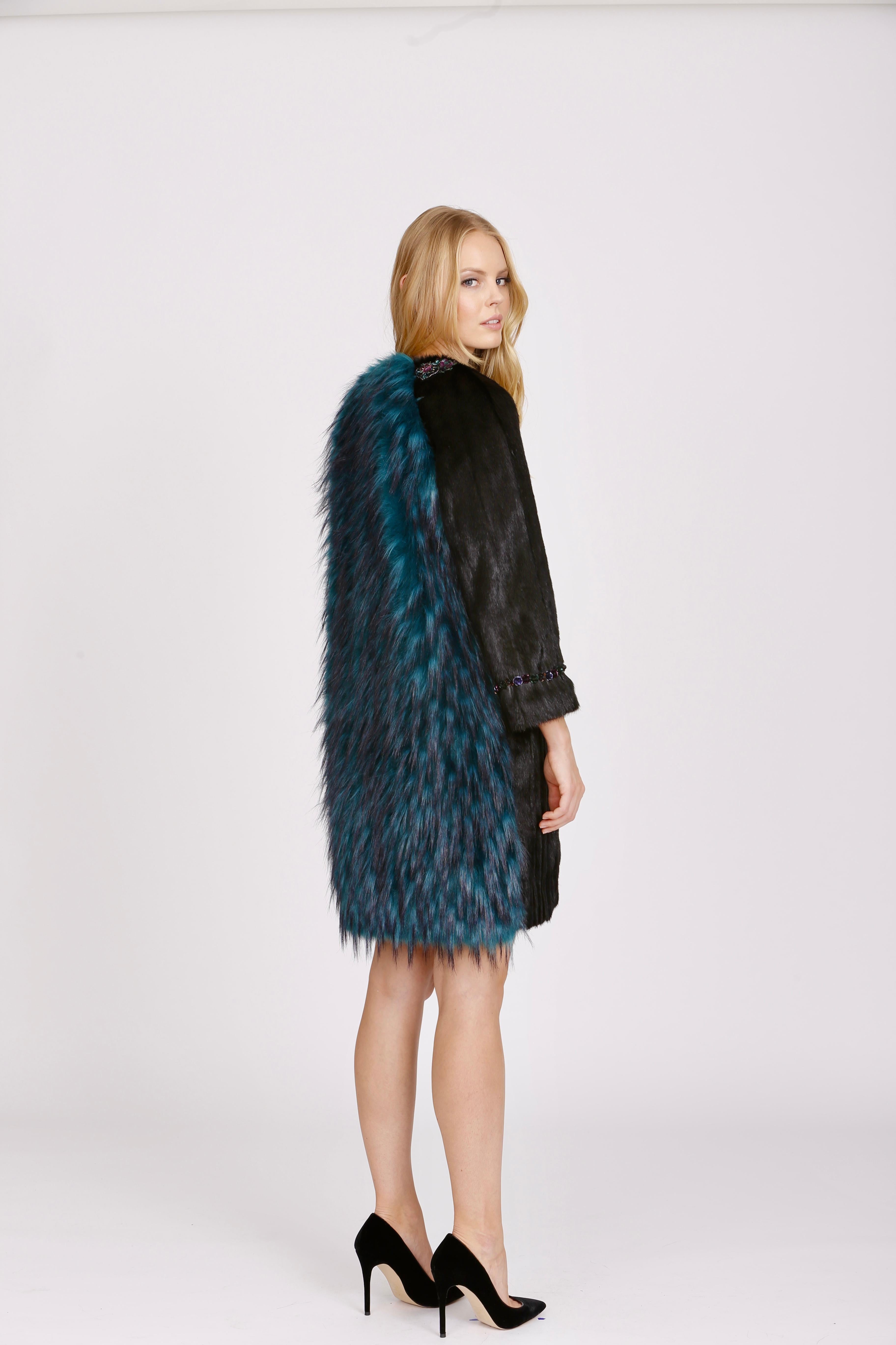 Pelush Black And Emerald Green Faux Fur Coat - XS For Sale 4