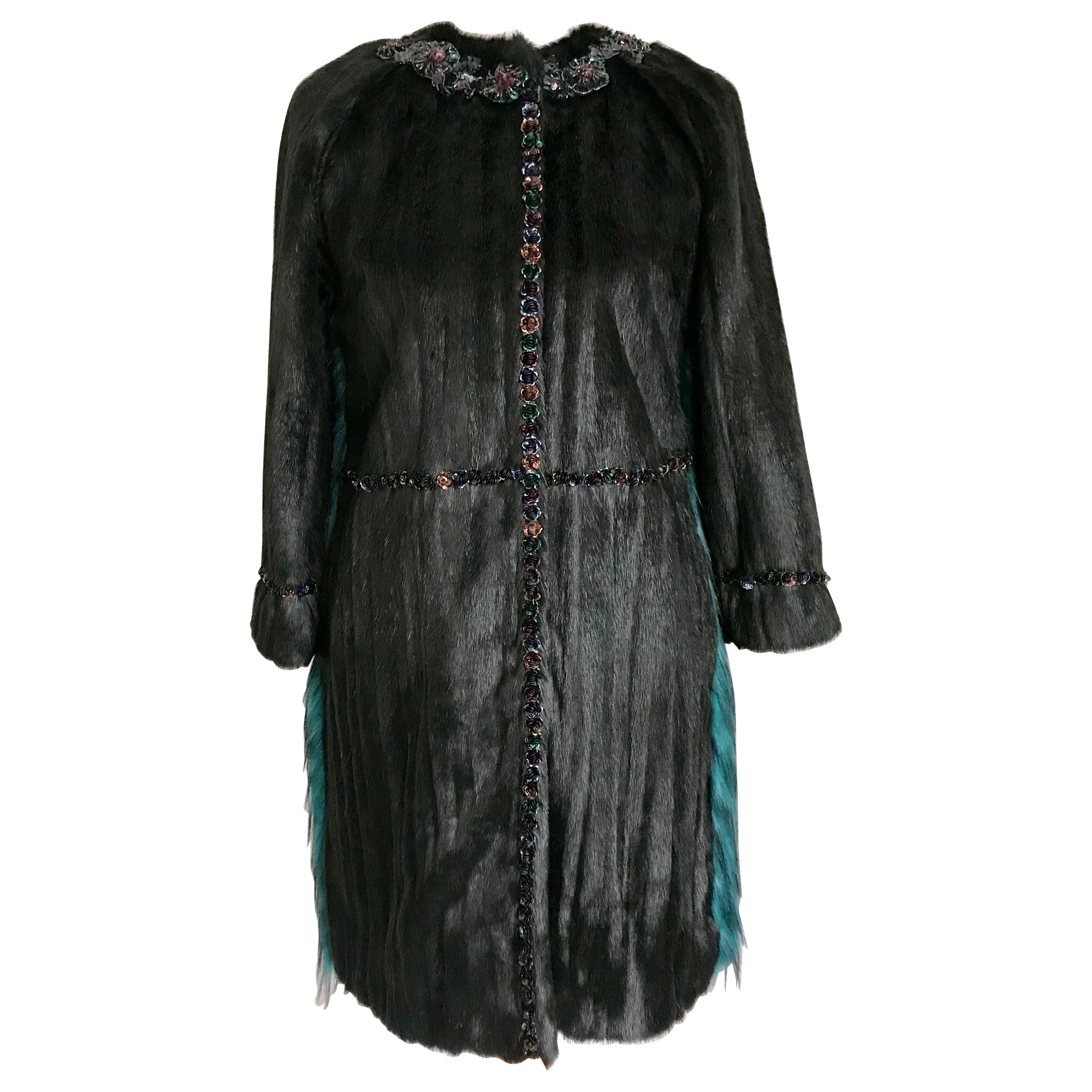 Pelush Black And Emerald Green Faux Fur Coat - XS For Sale