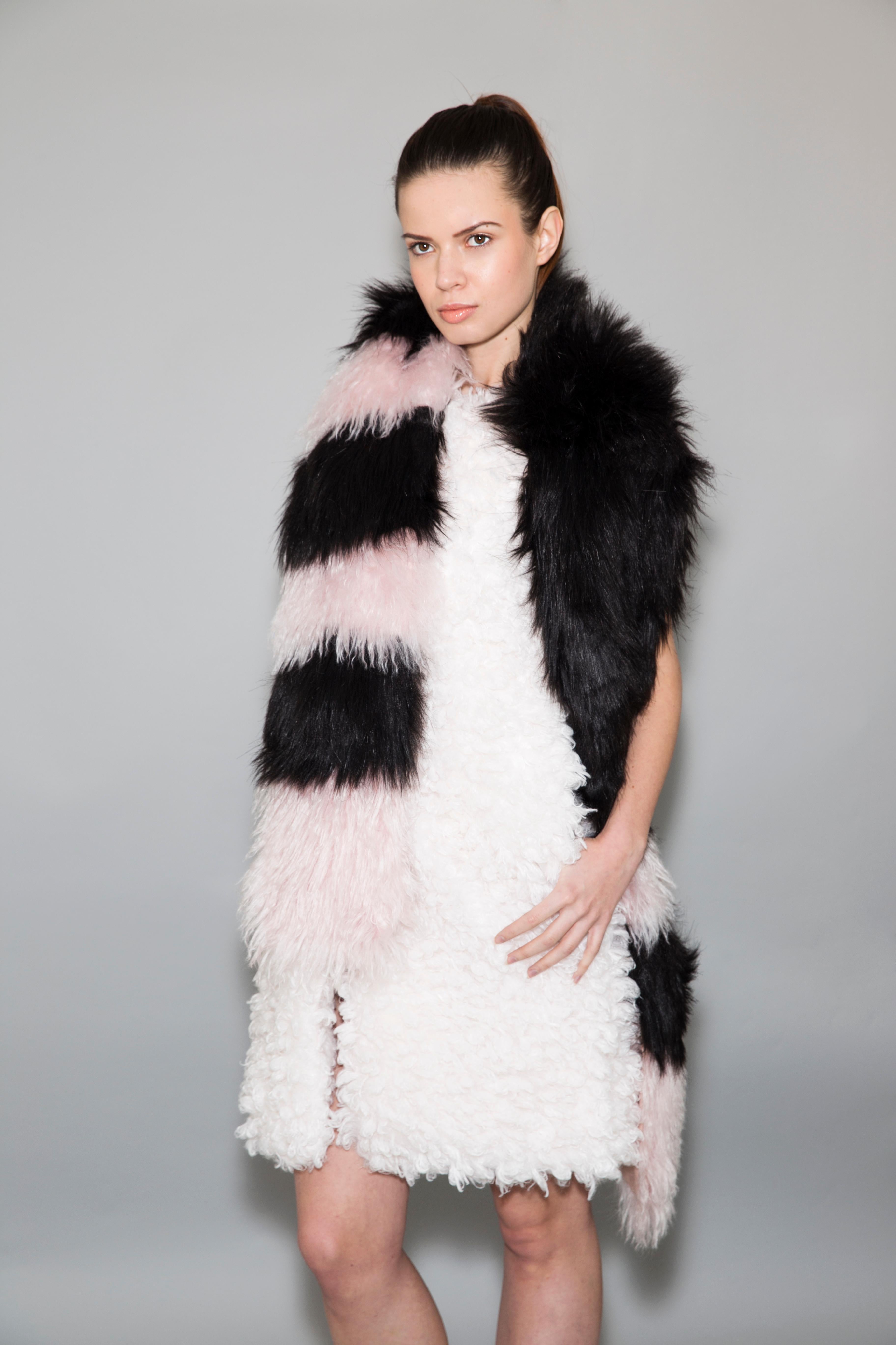 Women's Pelush Black And Pink Striped Faux Fur And Mohair Long Scarf /Stole - One size  For Sale