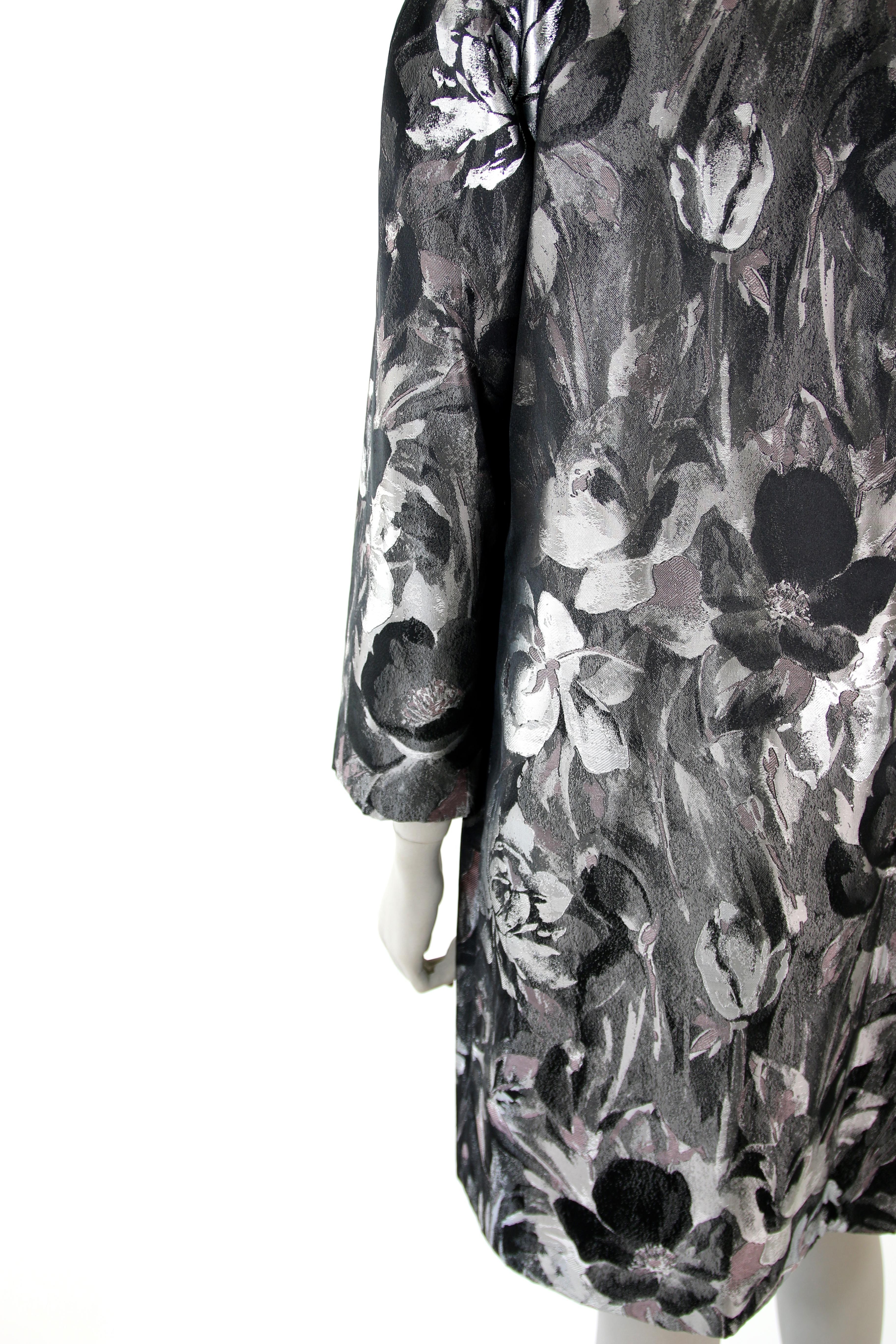 Pelush Black and Silver Brocade Printed Flower Coat - XS For Sale 6