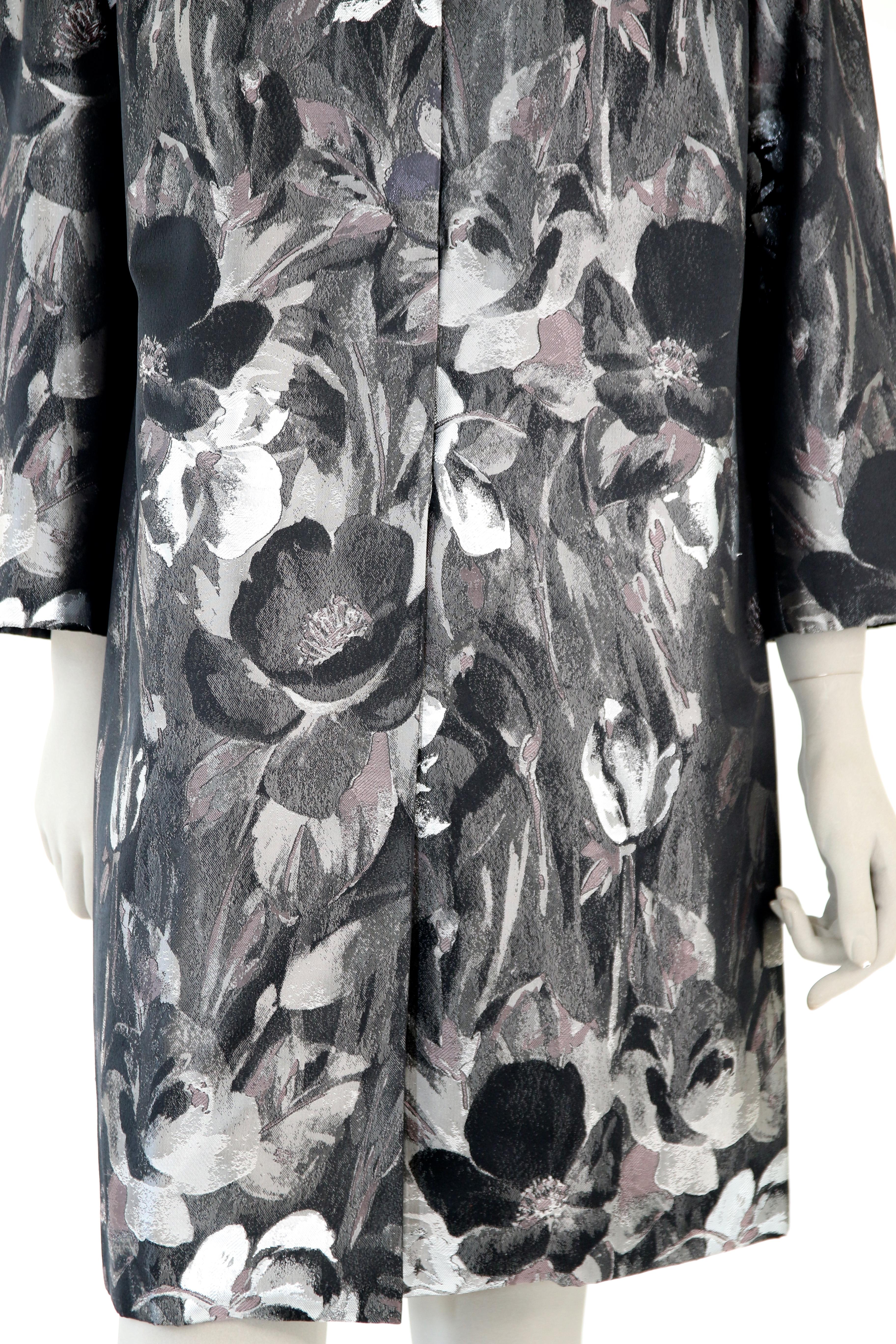 Pelush Black and Silver Brocade Printed Flower Coat - XS In New Condition For Sale In Greenwich, CT