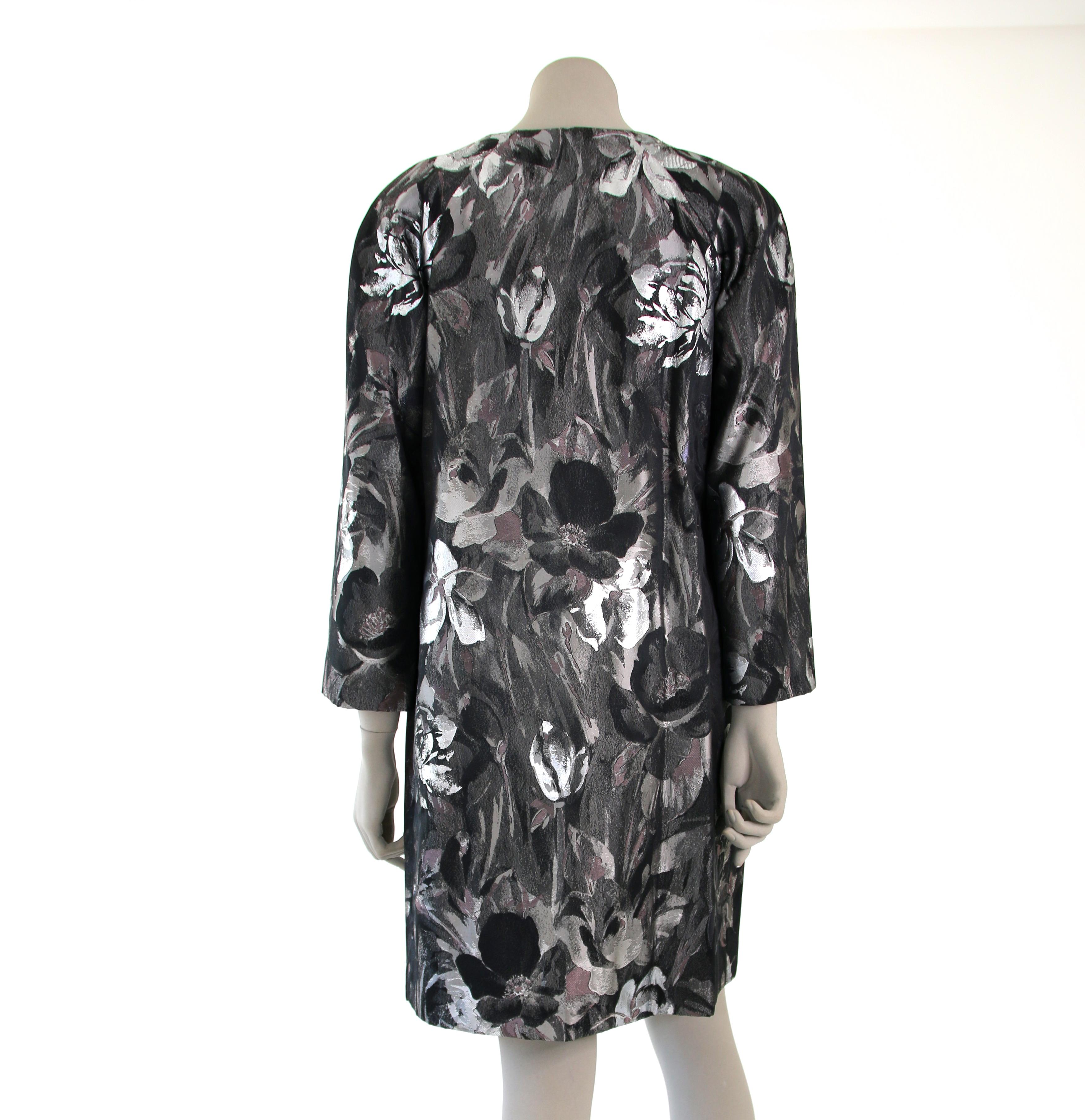 Pelush Black and Silver Brocade Printed Flower Coat - XS For Sale 2