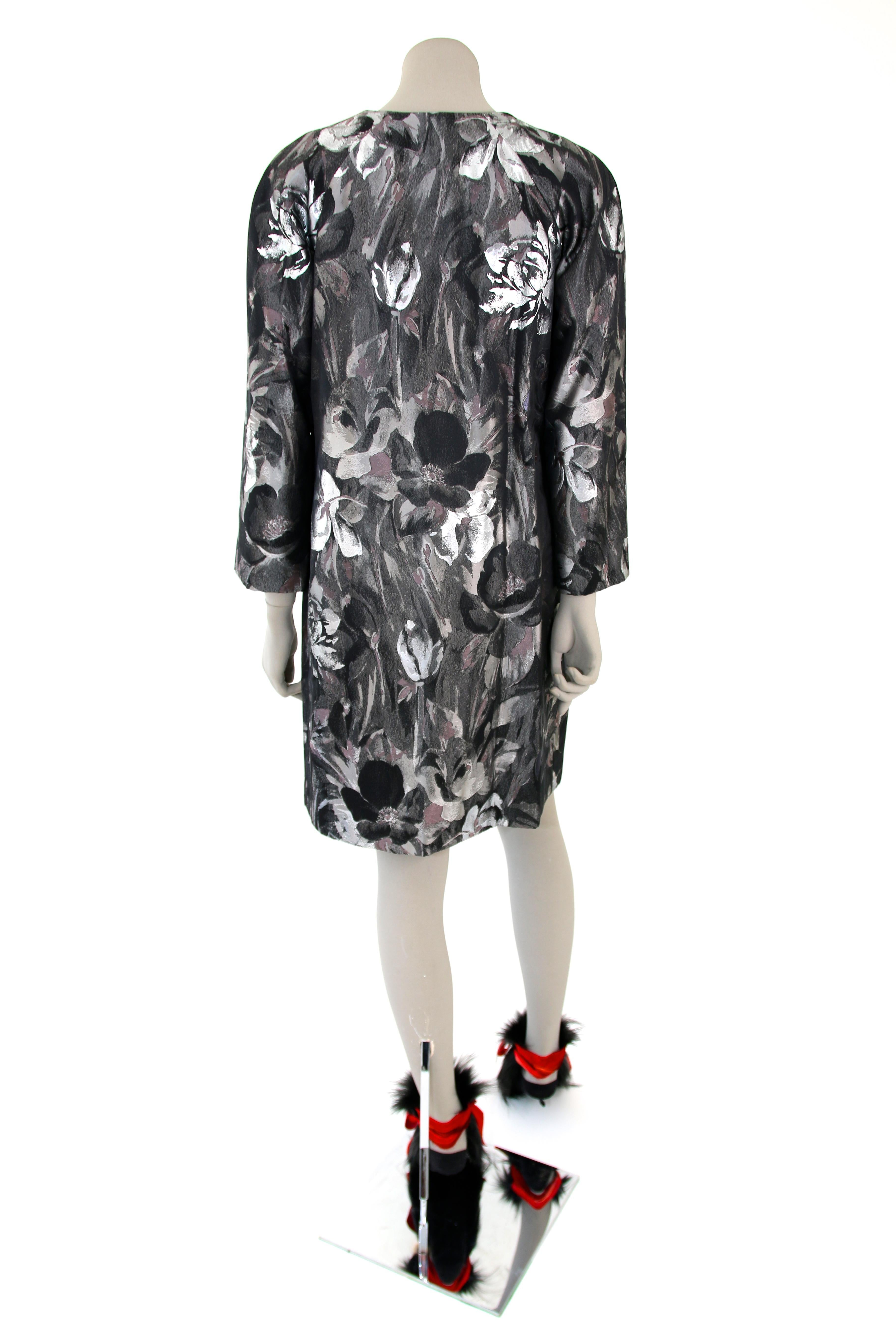 Pelush Black and Silver Brocade Printed Flower Coat - XS For Sale 3