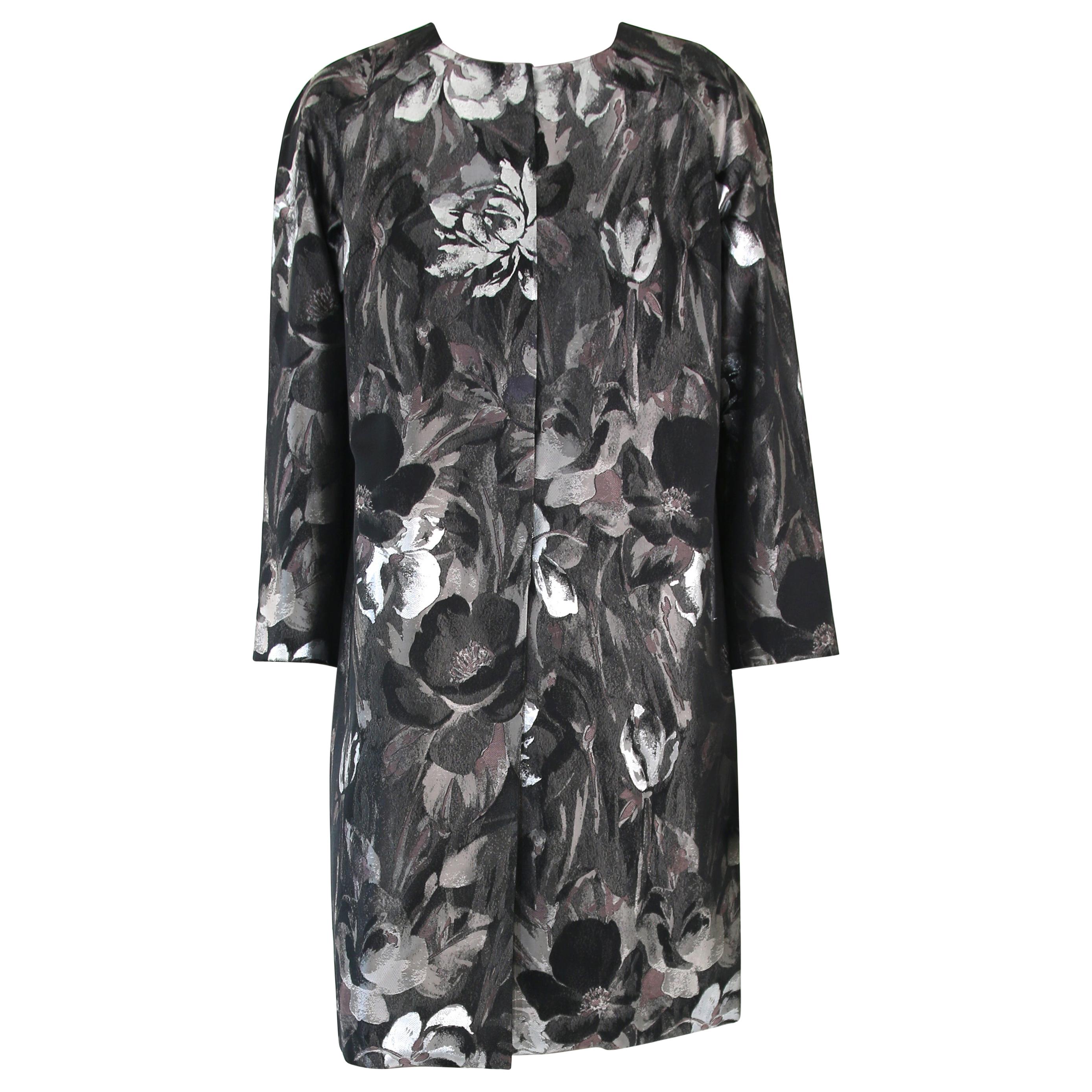 Pelush Black and Silver Brocade Printed Flower Coat - XS For Sale