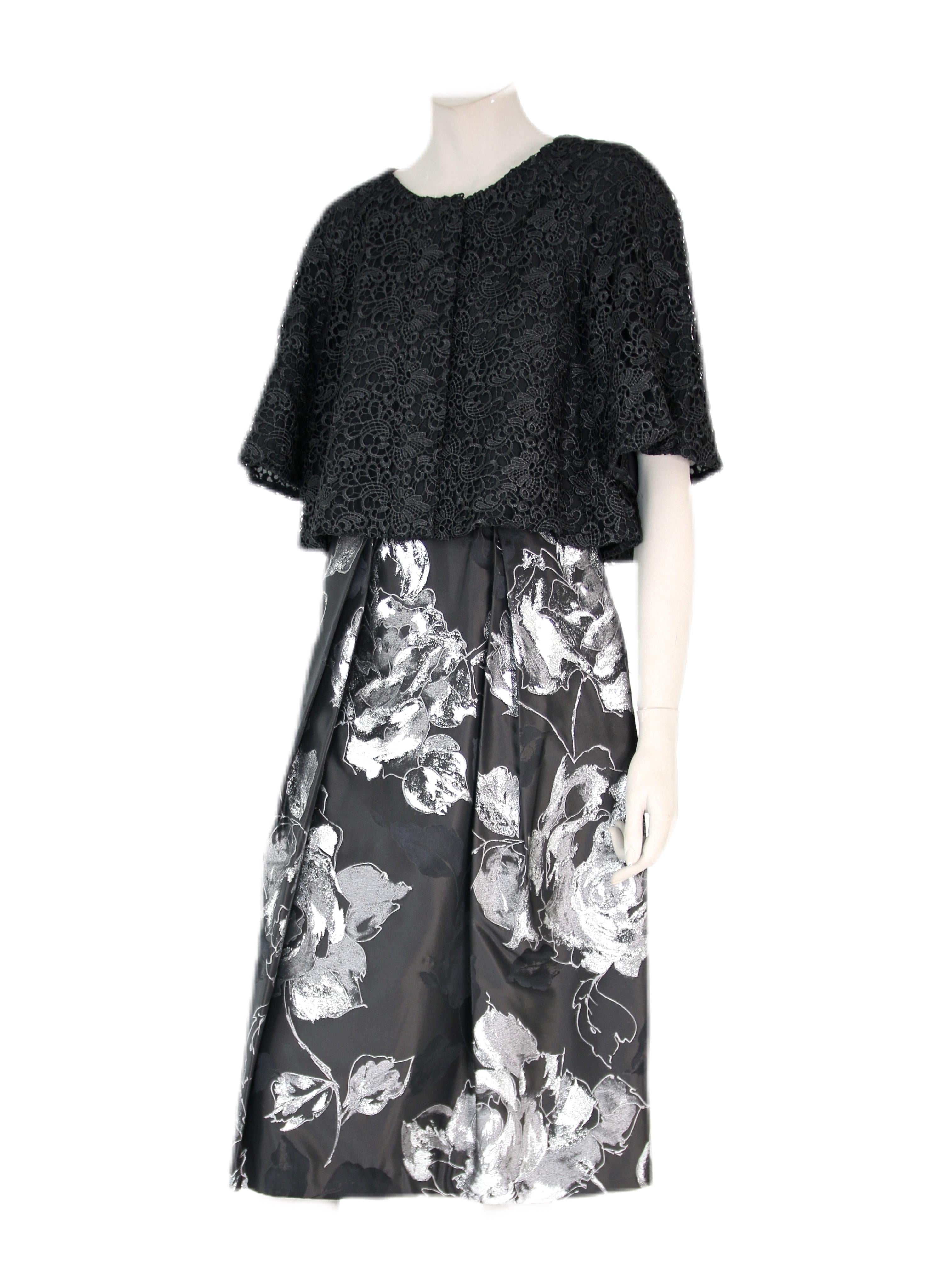 Nero Gonna Pelush in broccato floreale nero e argento -Small in vendita